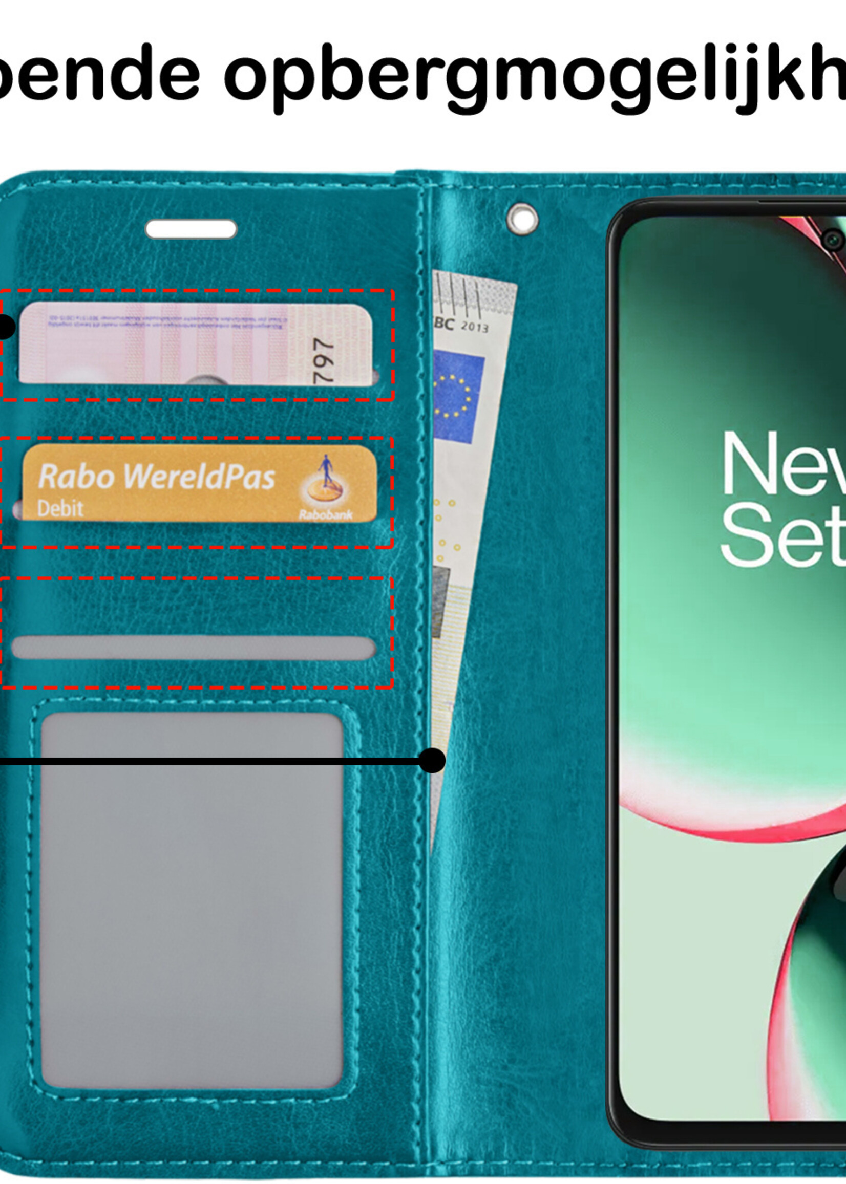 BTH Hoesje Geschikt voor OnePlus Nord CE 3 Lite Hoesje Book Case Hoes Portemonnee Cover Walletcase Met 2x Screenprotector - Hoes Geschikt voor OnePlus Nord CE 3 Lite Hoes Bookcase Hoesje - Turquoise