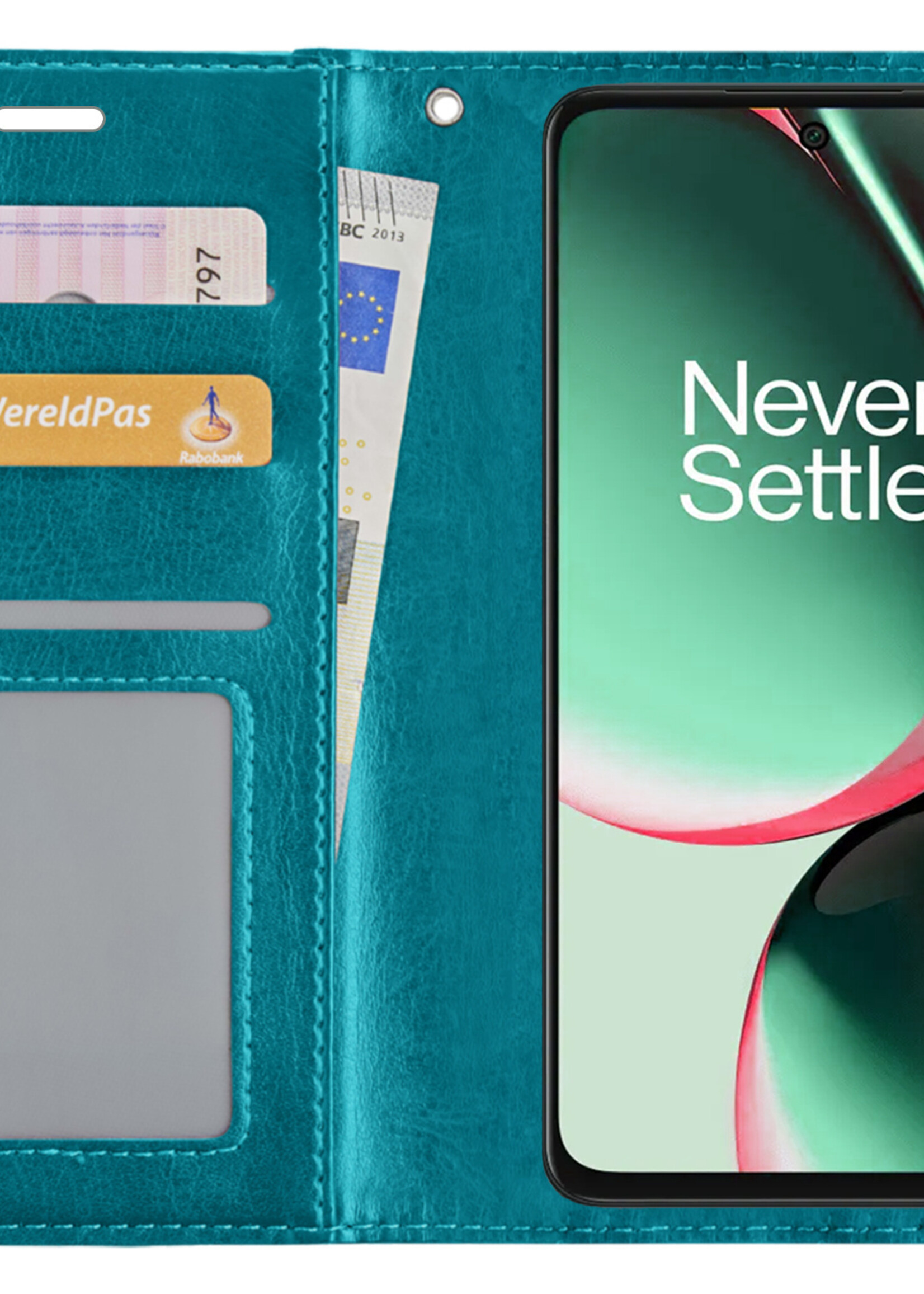 BTH Hoesje Geschikt voor OnePlus Nord CE 3 Lite Hoesje Book Case Hoes Portemonnee Cover Walletcase Met 2x Screenprotector - Hoes Geschikt voor OnePlus Nord CE 3 Lite Hoes Bookcase Hoesje - Turquoise