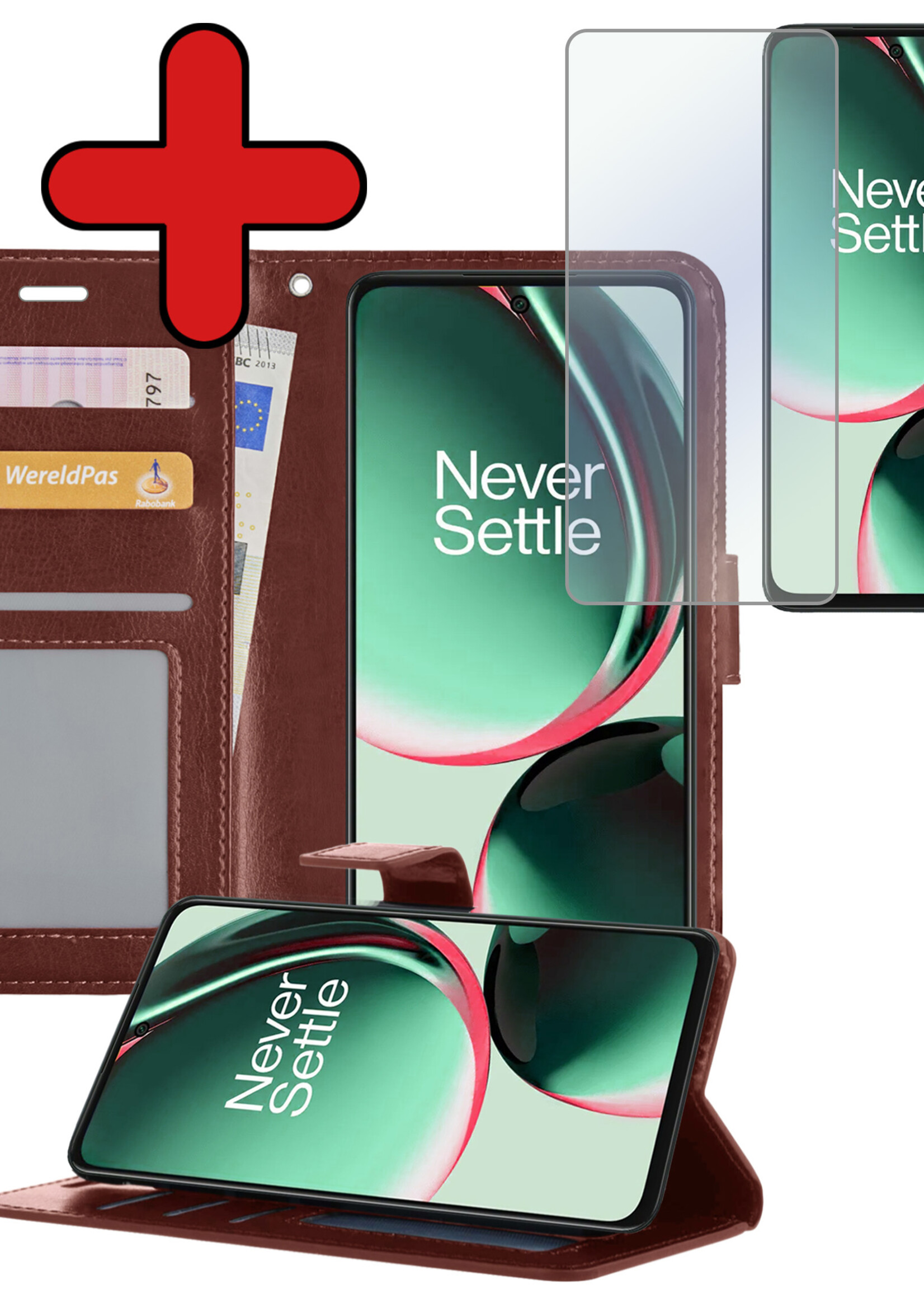 BTH Hoesje Geschikt voor OnePlus Nord CE 3 Lite Hoesje Book Case Hoes Portemonnee Cover Walletcase Met Screenprotector - Hoes Geschikt voor OnePlus Nord CE 3 Lite Hoes Bookcase Hoesje - Bruin