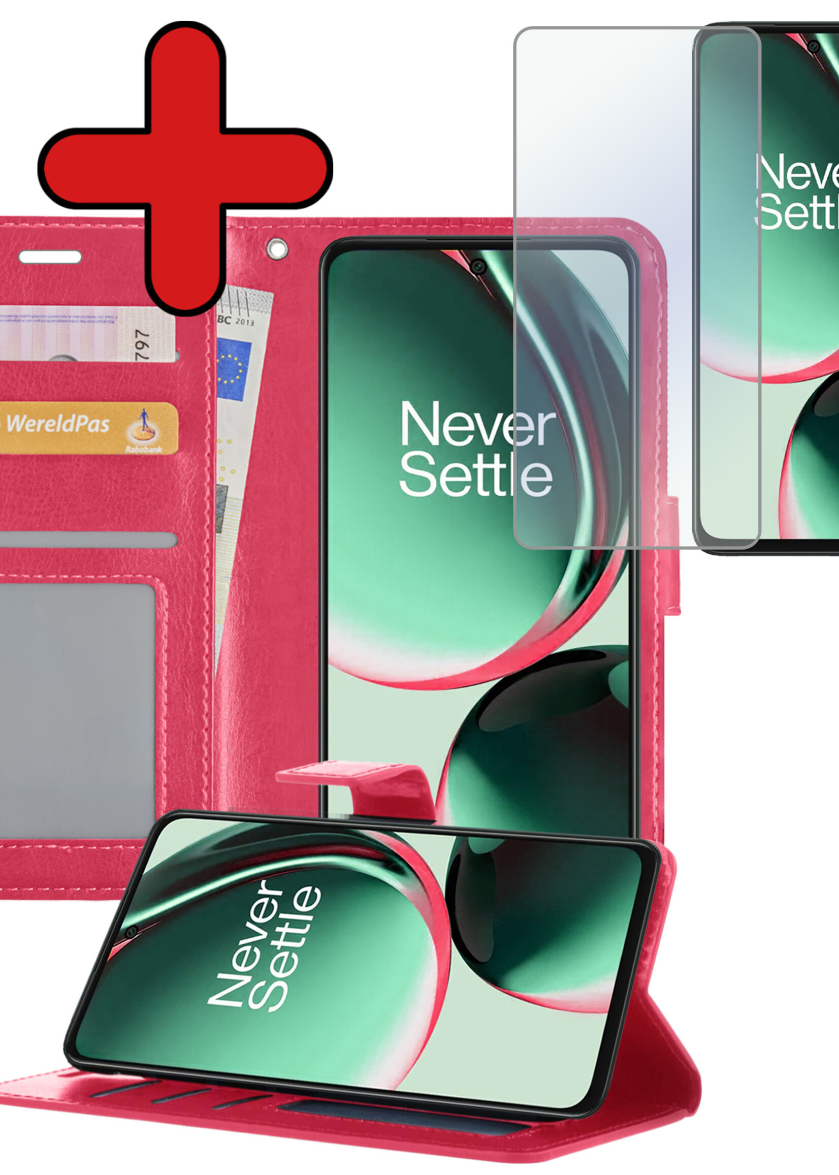BTH Hoesje Geschikt voor OnePlus Nord CE 3 Lite Hoesje Book Case Hoes Portemonnee Cover Walletcase Met Screenprotector - Hoes Geschikt voor OnePlus Nord CE 3 Lite Hoes Bookcase Hoesje - Donkerroze
