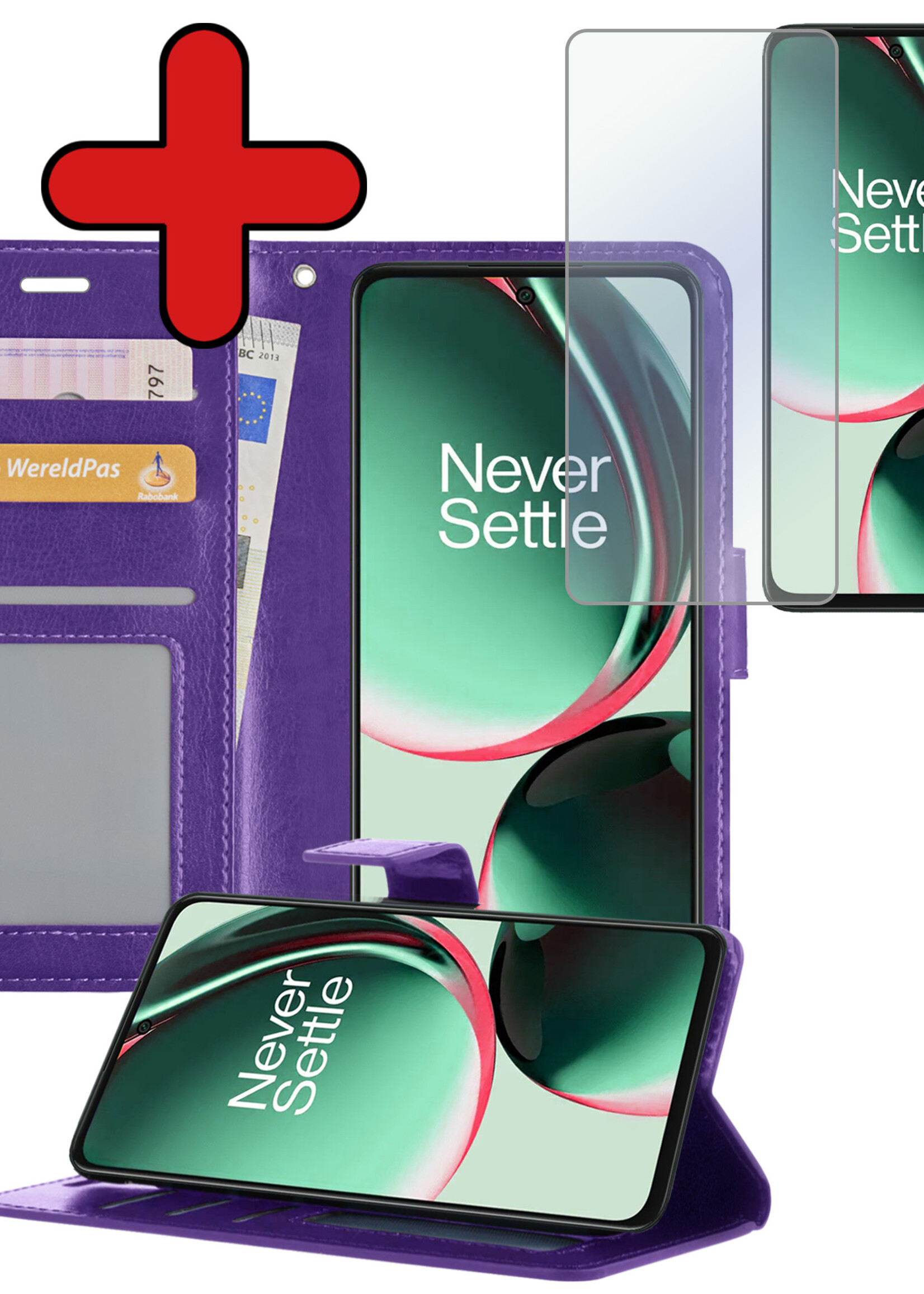 BTH Hoesje Geschikt voor OnePlus Nord CE 3 Lite Hoesje Book Case Hoes Portemonnee Cover Walletcase Met Screenprotector - Hoes Geschikt voor OnePlus Nord CE 3 Lite Hoes Bookcase Hoesje - Paars