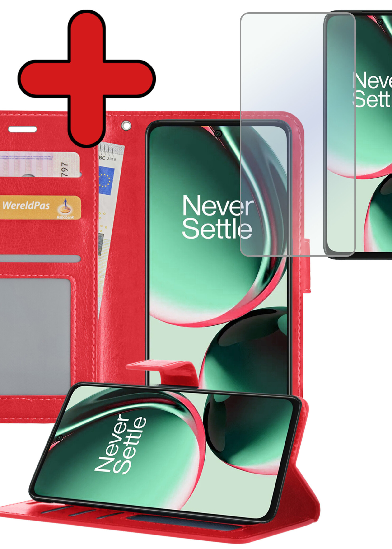 BTH Hoesje Geschikt voor OnePlus Nord CE 3 Lite Hoesje Book Case Hoes Portemonnee Cover Walletcase Met Screenprotector - Hoes Geschikt voor OnePlus Nord CE 3 Lite Hoes Bookcase Hoesje - Rood