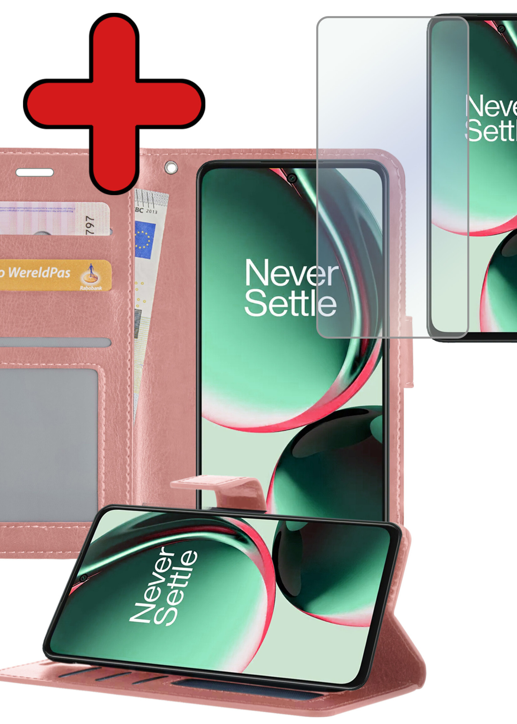 BTH Hoesje Geschikt voor OnePlus Nord CE 3 Lite Hoesje Book Case Hoes Portemonnee Cover Walletcase Met Screenprotector - Hoes Geschikt voor OnePlus Nord CE 3 Lite Hoes Bookcase Hoesje - Rosé goud