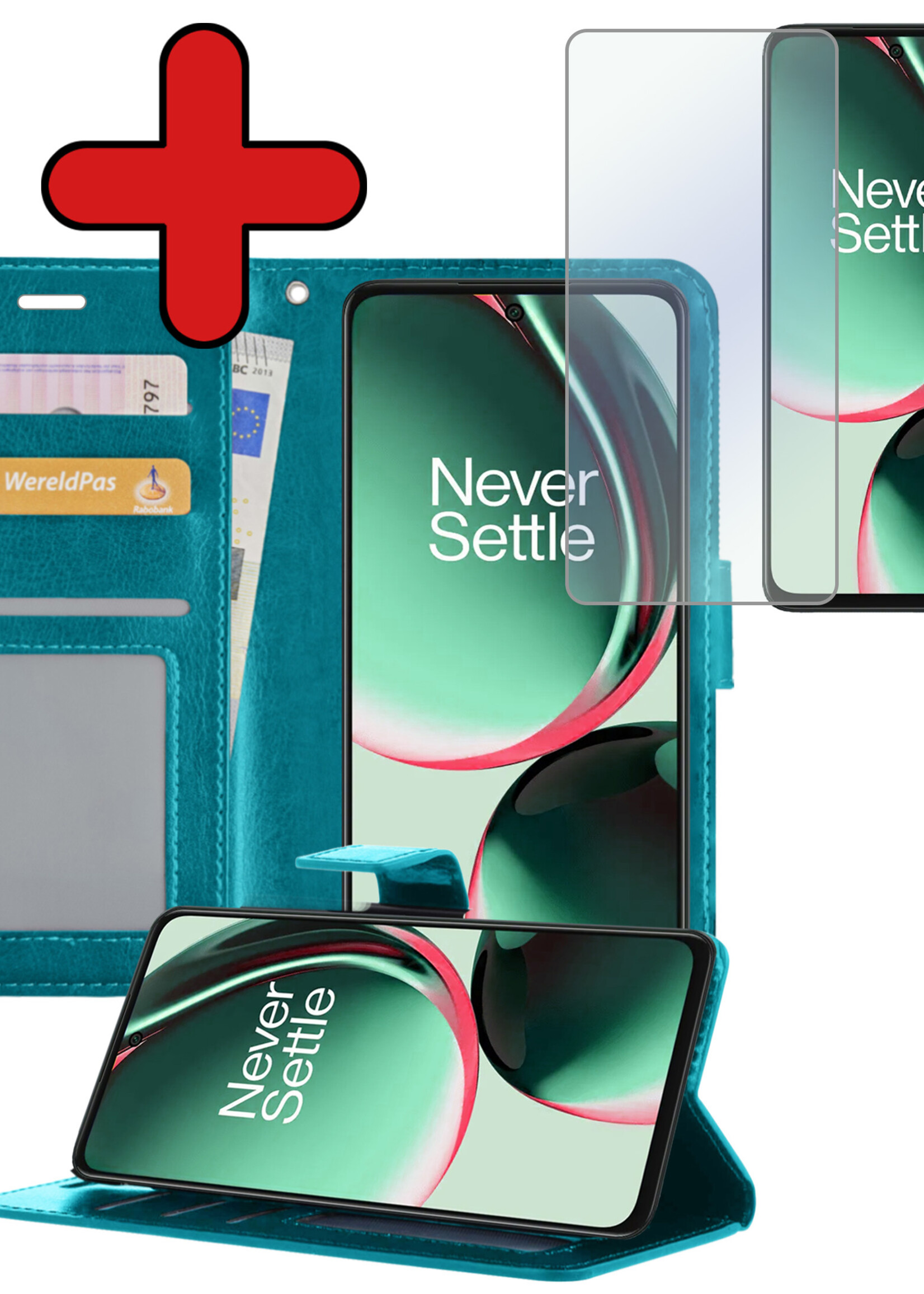 BTH Hoesje Geschikt voor OnePlus Nord CE 3 Lite Hoesje Book Case Hoes Portemonnee Cover Walletcase Met Screenprotector - Hoes Geschikt voor OnePlus Nord CE 3 Lite Hoes Bookcase Hoesje - Turquoise