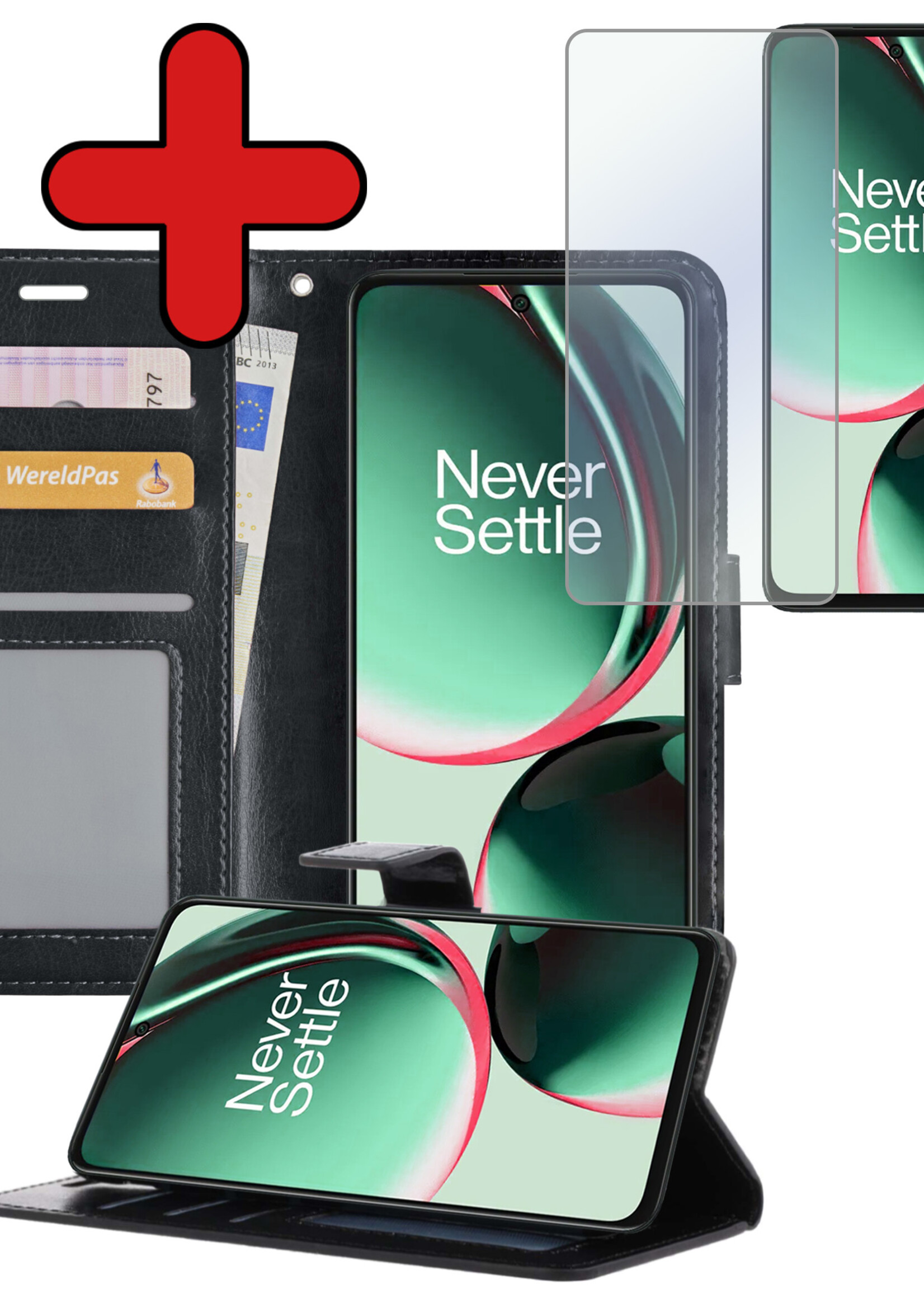 BTH Hoesje Geschikt voor OnePlus Nord CE 3 Lite Hoesje Book Case Hoes Portemonnee Cover Walletcase Met Screenprotector - Hoes Geschikt voor OnePlus Nord CE 3 Lite Hoes Bookcase Hoesje - Zwart