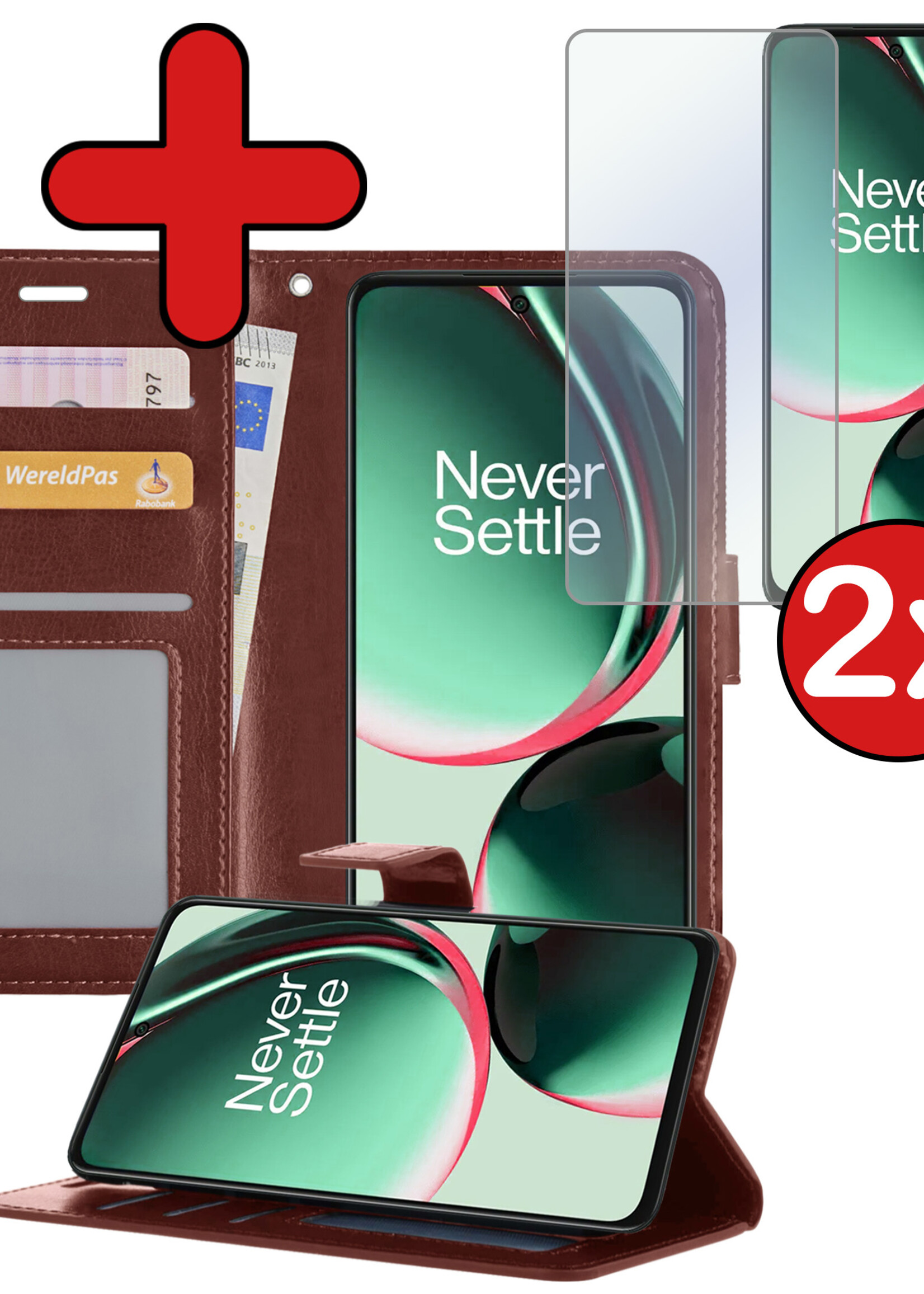 BTH Hoesje Geschikt voor OnePlus Nord CE 3 Lite Hoesje Book Case Hoes Portemonnee Cover Walletcase Met 2x Screenprotector - Hoes Geschikt voor OnePlus Nord CE 3 Lite Hoes Bookcase Hoesje - Bruin