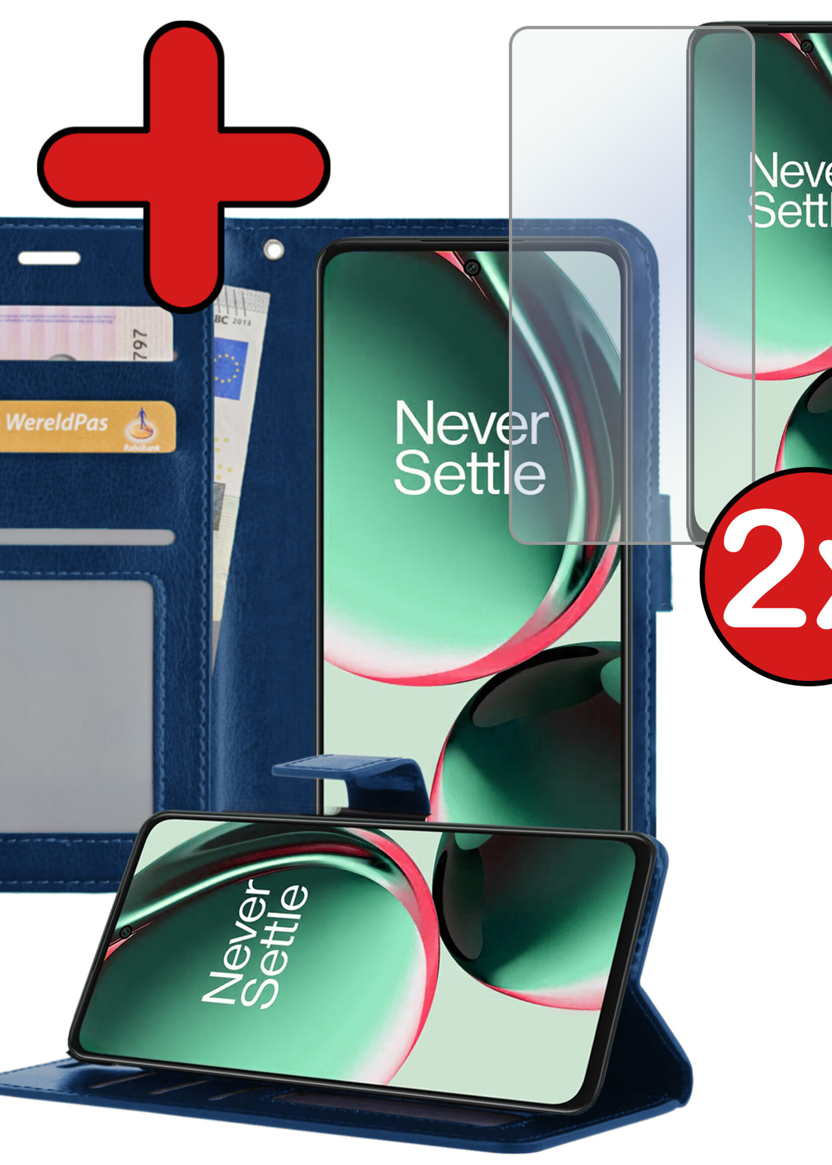 BTH Hoesje Geschikt voor OnePlus Nord CE 3 Lite Hoesje Book Case Hoes Portemonnee Cover Walletcase Met 2x Screenprotector - Hoes Geschikt voor OnePlus Nord CE 3 Lite Hoes Bookcase Hoesje - Donkerblauw