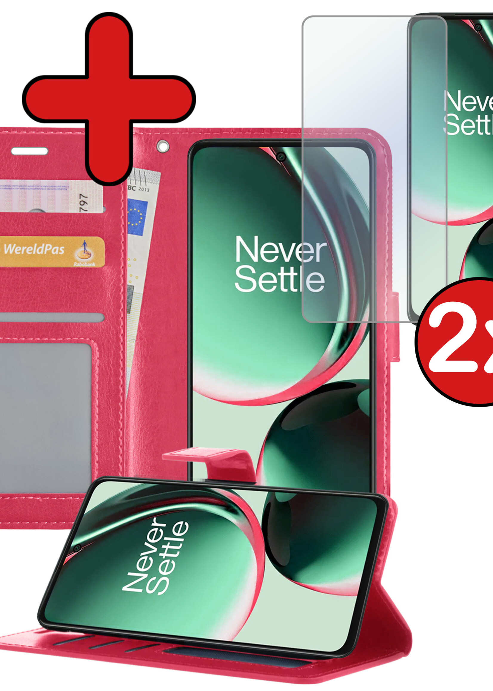BTH Hoesje Geschikt voor OnePlus Nord CE 3 Lite Hoesje Book Case Hoes Portemonnee Cover Walletcase Met 2x Screenprotector - Hoes Geschikt voor OnePlus Nord CE 3 Lite Hoes Bookcase Hoesje - Donkerroze