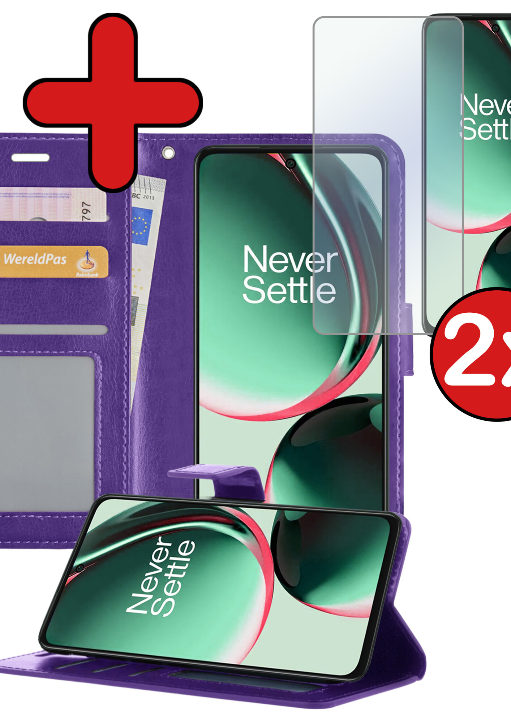 BTH Hoesje Geschikt voor OnePlus Nord CE 3 Lite Hoesje Book Case Hoes Portemonnee Cover Walletcase Met 2x Screenprotector - Hoes Geschikt voor OnePlus Nord CE 3 Lite Hoes Bookcase Hoesje - Paars