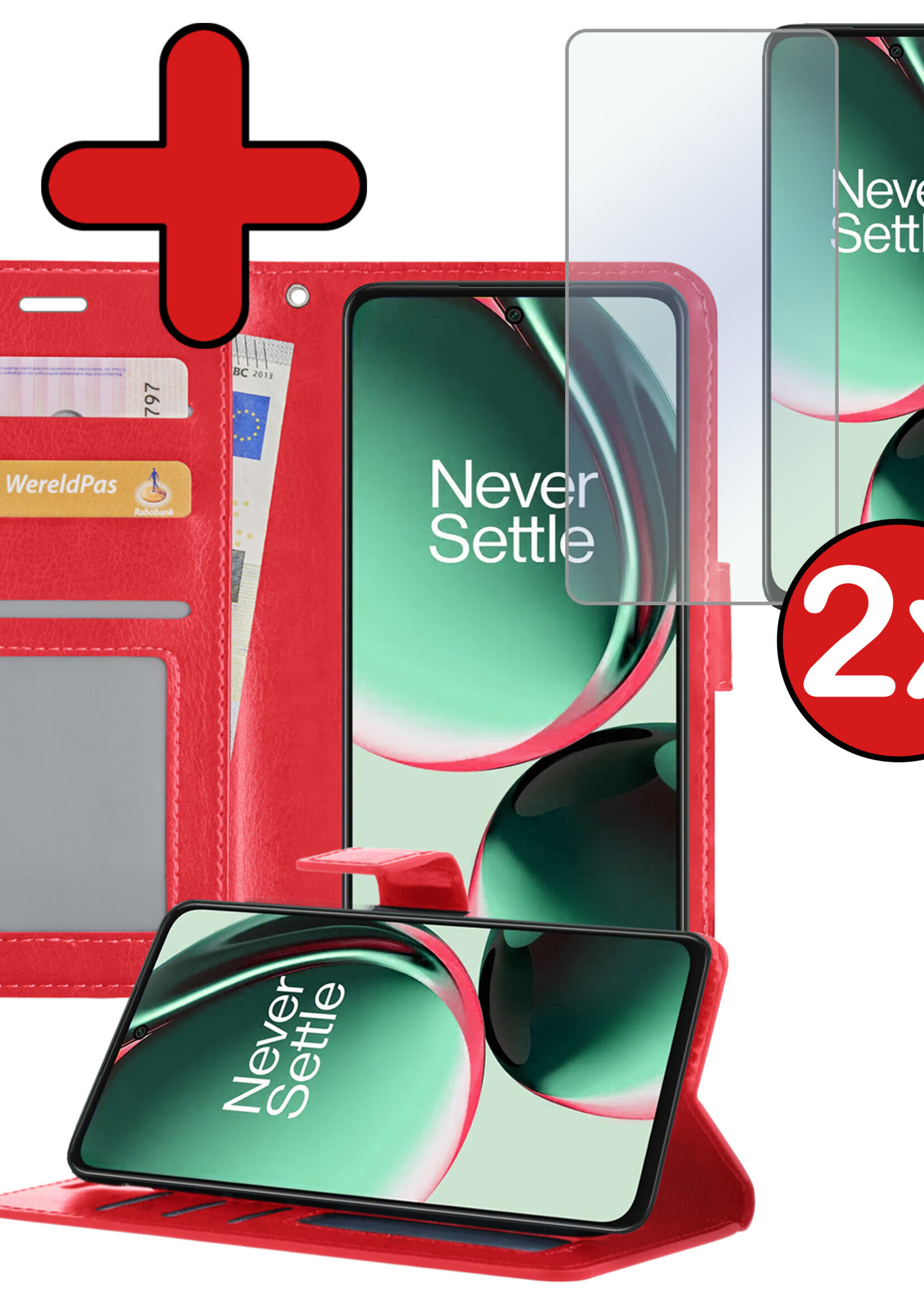 BTH Hoesje Geschikt voor OnePlus Nord CE 3 Lite Hoesje Book Case Hoes Portemonnee Cover Walletcase Met 2x Screenprotector - Hoes Geschikt voor OnePlus Nord CE 3 Lite Hoes Bookcase Hoesje - Rood