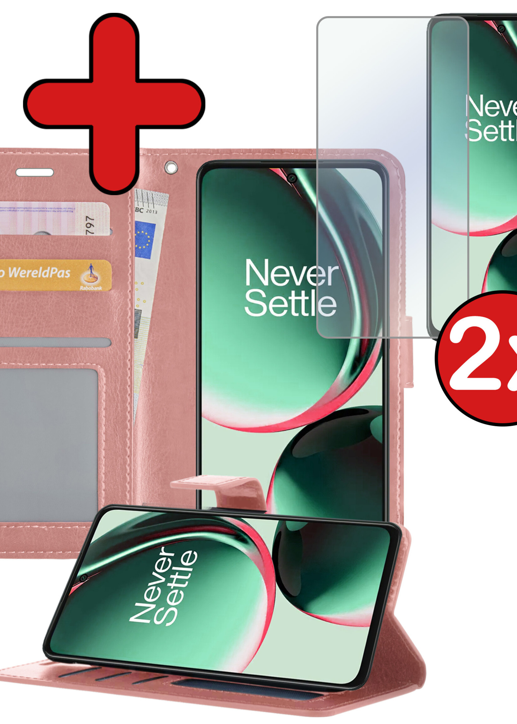 BTH Hoesje Geschikt voor OnePlus Nord CE 3 Lite Hoesje Book Case Hoes Portemonnee Cover Walletcase Met 2x Screenprotector - Hoes Geschikt voor OnePlus Nord CE 3 Lite Hoes Bookcase Hoesje - Rosé goud