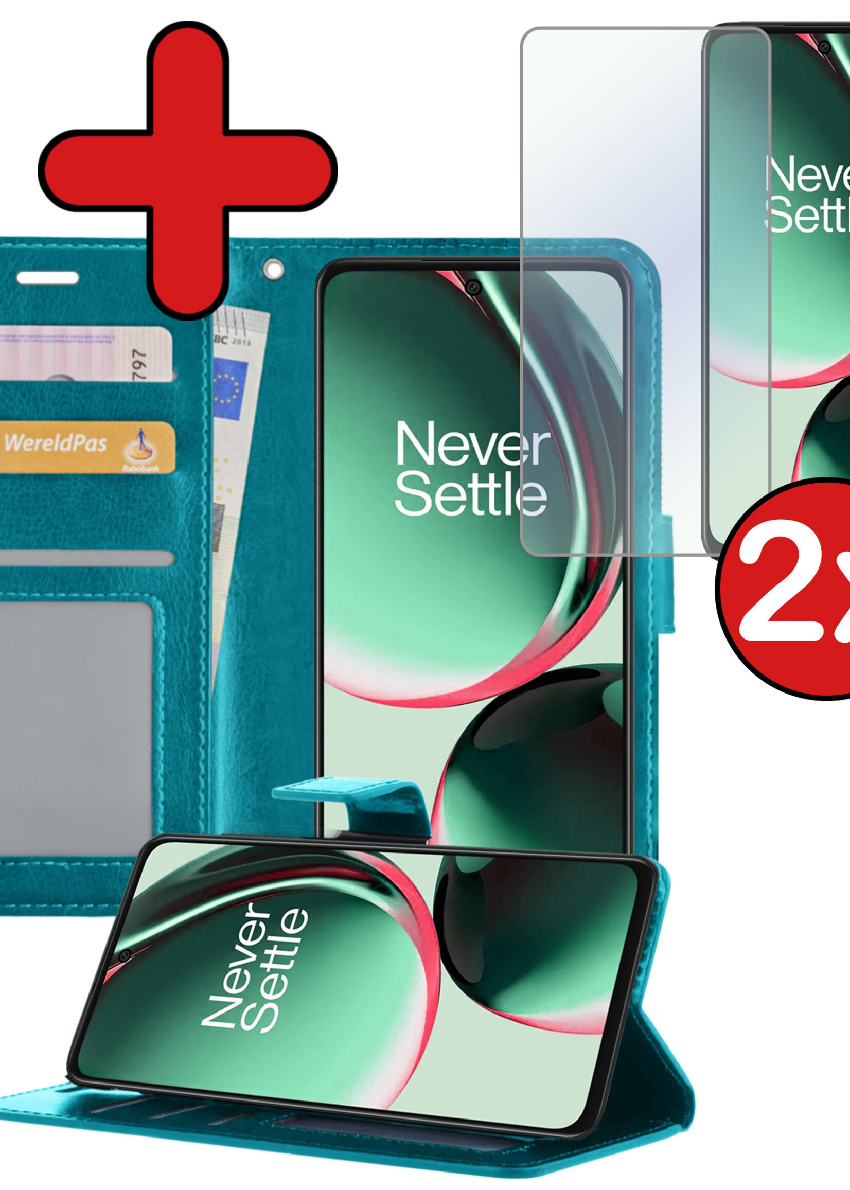 BTH Hoesje Geschikt voor OnePlus Nord CE 3 Lite Hoesje Book Case Hoes Portemonnee Cover Walletcase Met 2x Screenprotector - Hoes Geschikt voor OnePlus Nord CE 3 Lite Hoes Bookcase Hoesje - Turquoise