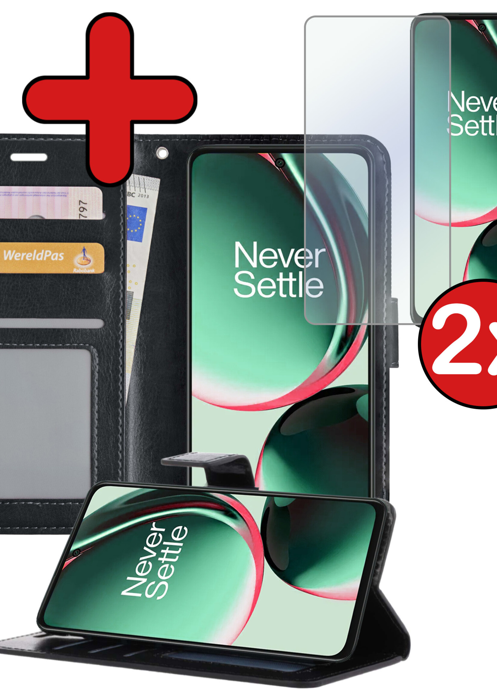 BTH Hoesje Geschikt voor OnePlus Nord CE 3 Lite Hoesje Book Case Hoes Portemonnee Cover Walletcase Met 2x Screenprotector - Hoes Geschikt voor OnePlus Nord CE 3 Lite Hoes Bookcase Hoesje - Zwart