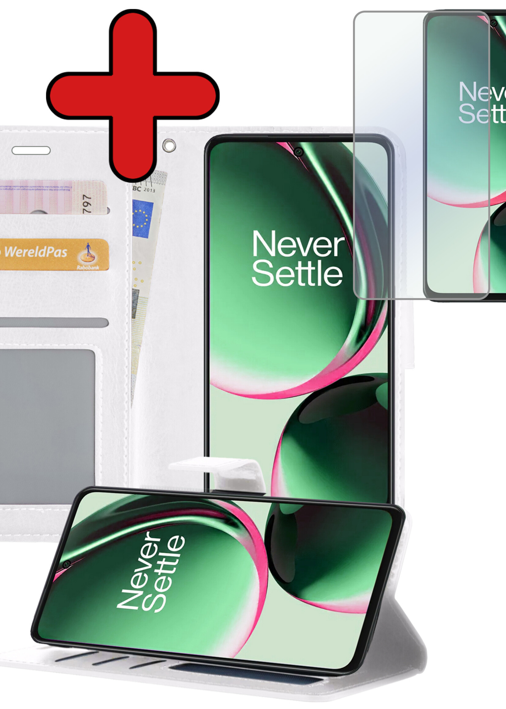 BTH Hoesje Geschikt voor OnePlus Nord CE 3 Lite Hoesje Book Case Hoes Portemonnee Cover Walletcase Met Screenprotector - Hoes Geschikt voor OnePlus Nord CE 3 Lite Hoes Bookcase Hoesje - Wit