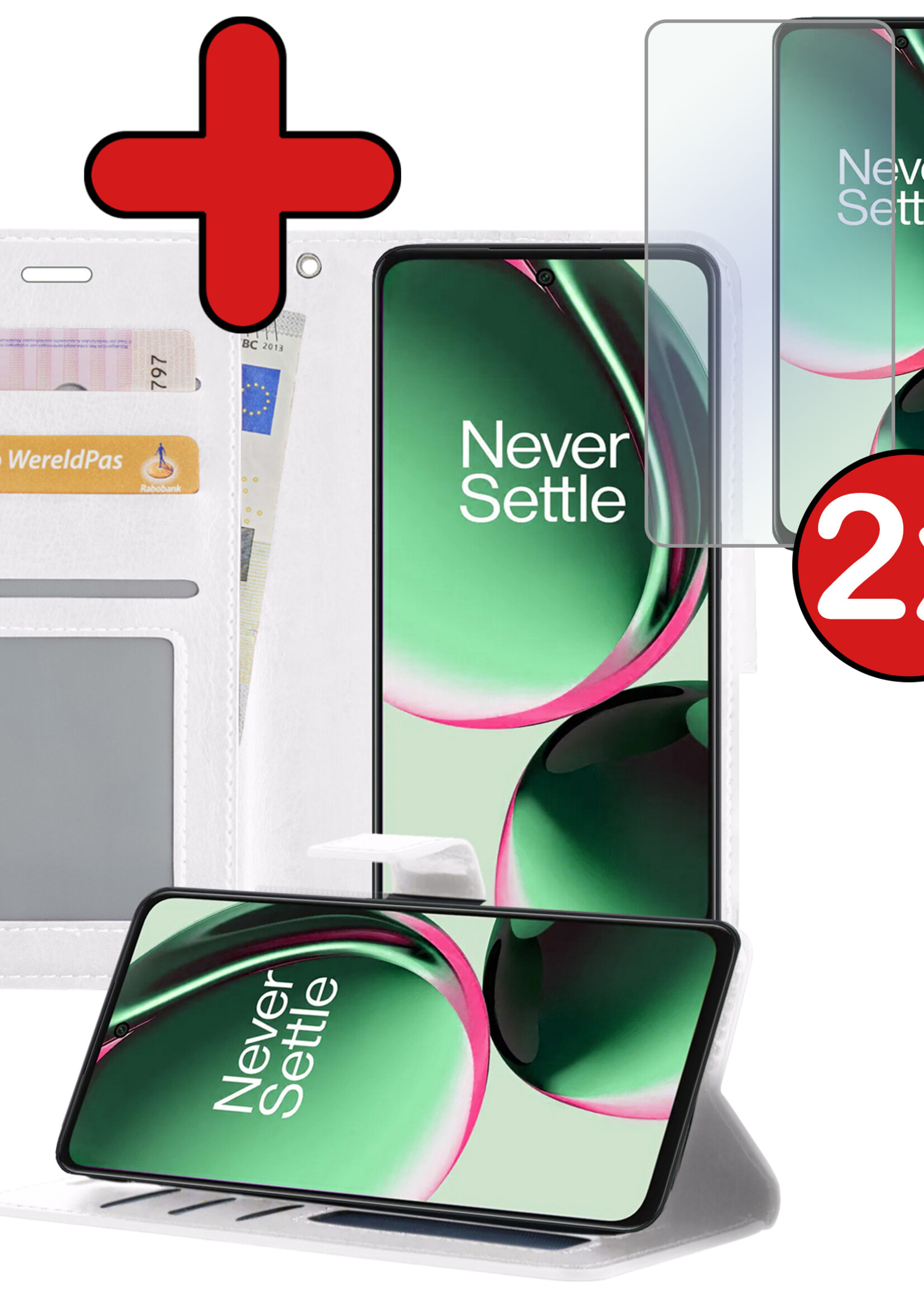 BTH Hoesje Geschikt voor OnePlus Nord CE 3 Lite Hoesje Book Case Hoes Portemonnee Cover Walletcase Met 2x Screenprotector - Hoes Geschikt voor OnePlus Nord CE 3 Lite Hoes Bookcase Hoesje - Wit