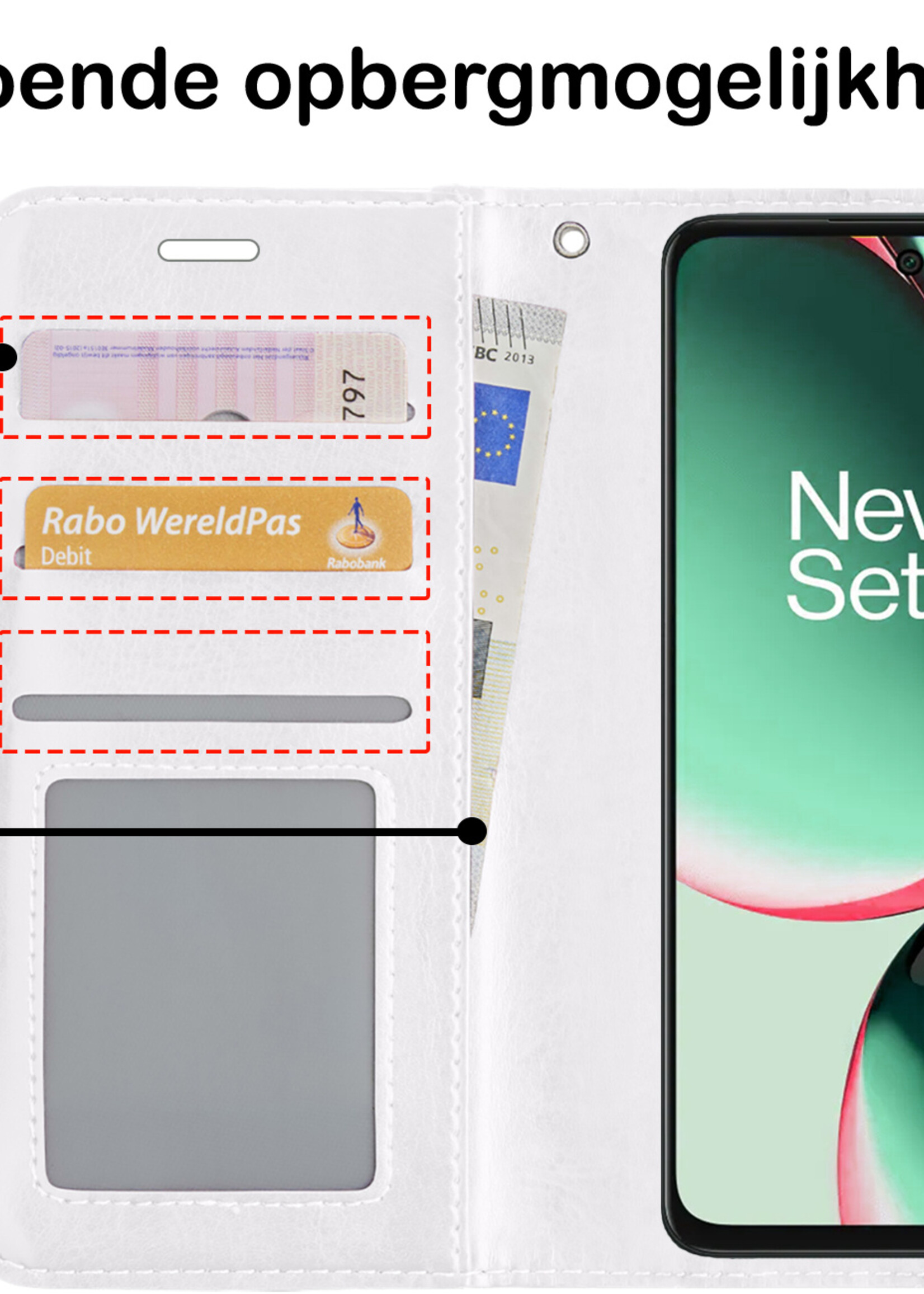 BTH Hoesje Geschikt voor OnePlus Nord CE 3 Lite Hoesje Book Case Hoes Portemonnee Cover Walletcase Met 2x Screenprotector - Hoes Geschikt voor OnePlus Nord CE 3 Lite Hoes Bookcase Hoesje - Wit