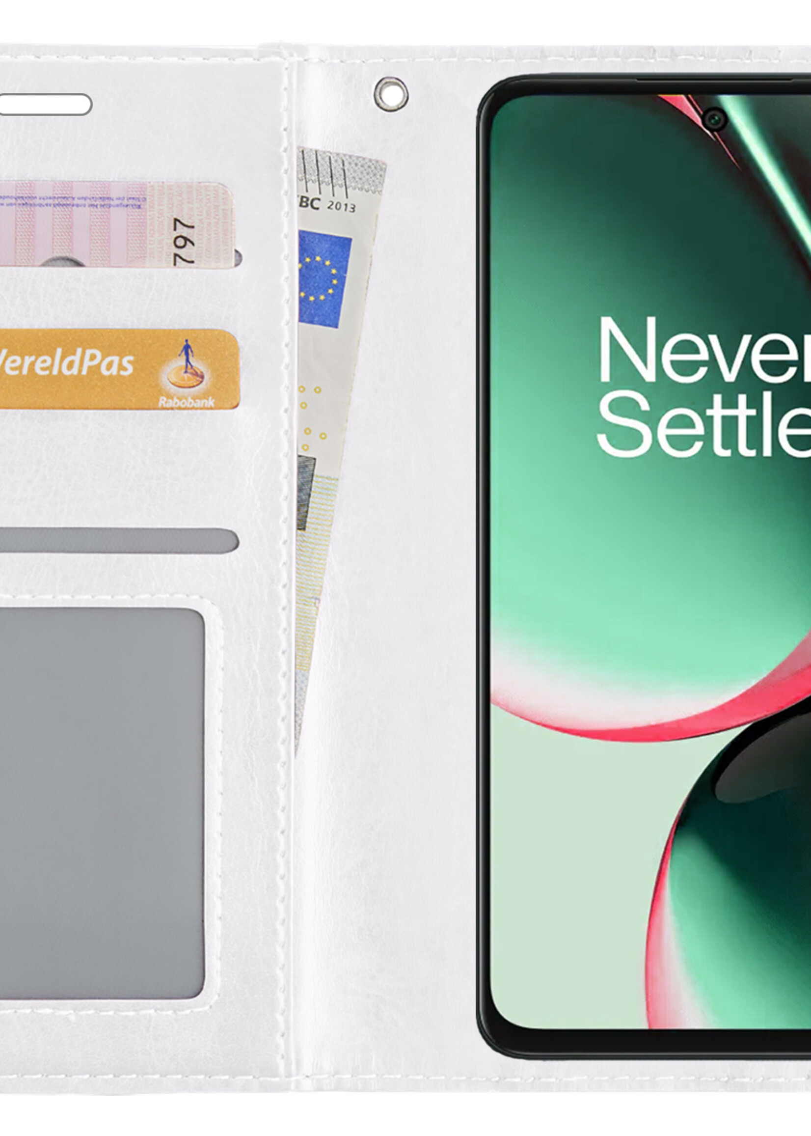 BTH Hoesje Geschikt voor OnePlus Nord CE 3 Lite Hoesje Book Case Hoes Portemonnee Cover Walletcase Met 2x Screenprotector - Hoes Geschikt voor OnePlus Nord CE 3 Lite Hoes Bookcase Hoesje - Wit