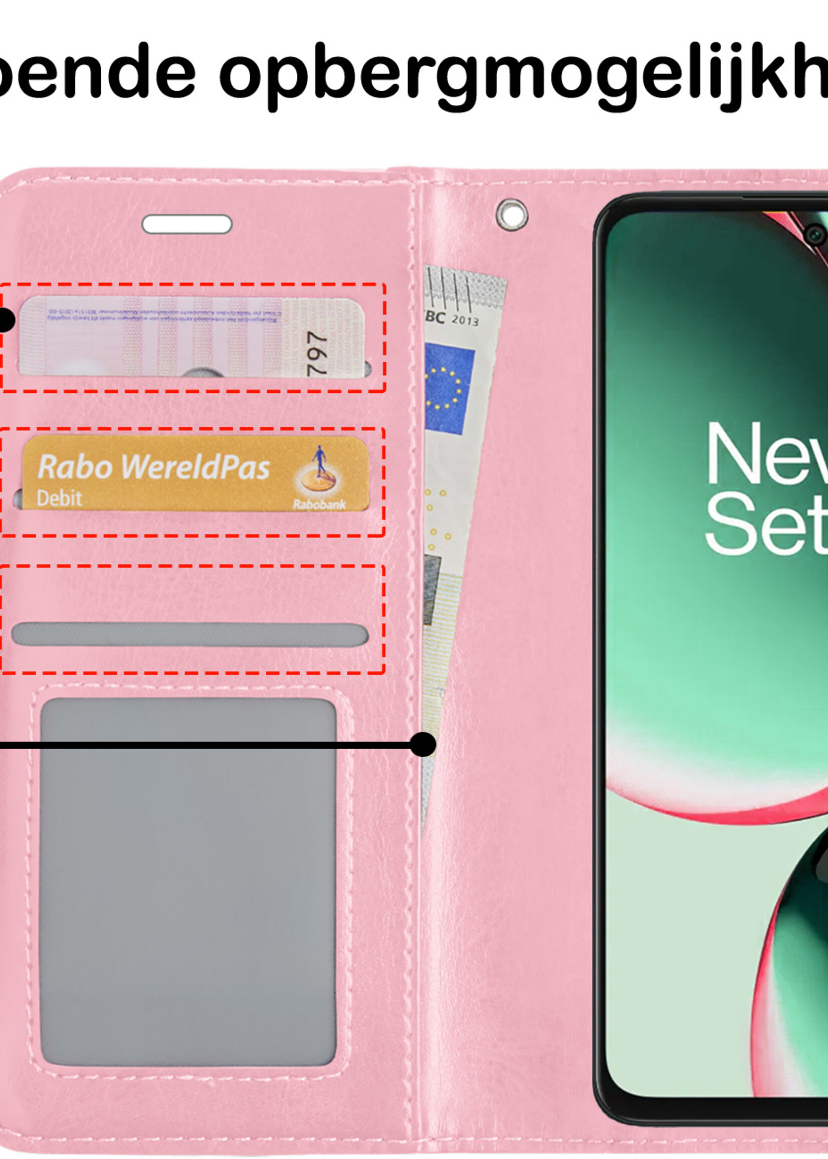 BTH Hoesje Geschikt voor OnePlus Nord CE 3 Lite Hoesje Book Case Hoes Portemonnee Cover Walletcase Met Screenprotector - Hoes Geschikt voor OnePlus Nord CE 3 Lite Hoes Bookcase Hoesje - Lichtroze