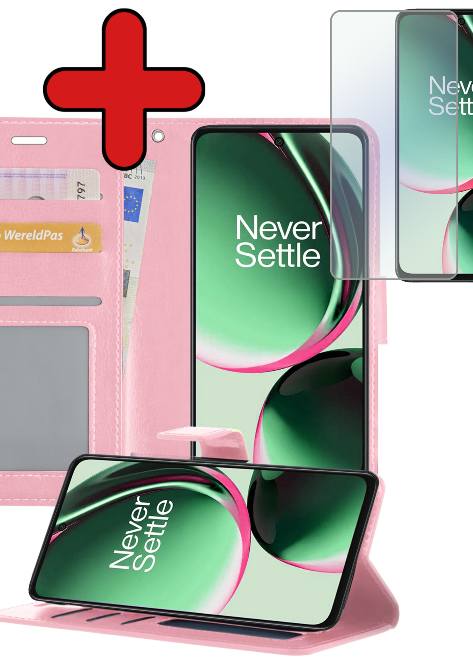 BTH Hoesje Geschikt voor OnePlus Nord CE 3 Lite Hoesje Book Case Hoes Portemonnee Cover Walletcase Met Screenprotector - Hoes Geschikt voor OnePlus Nord CE 3 Lite Hoes Bookcase Hoesje - Lichtroze