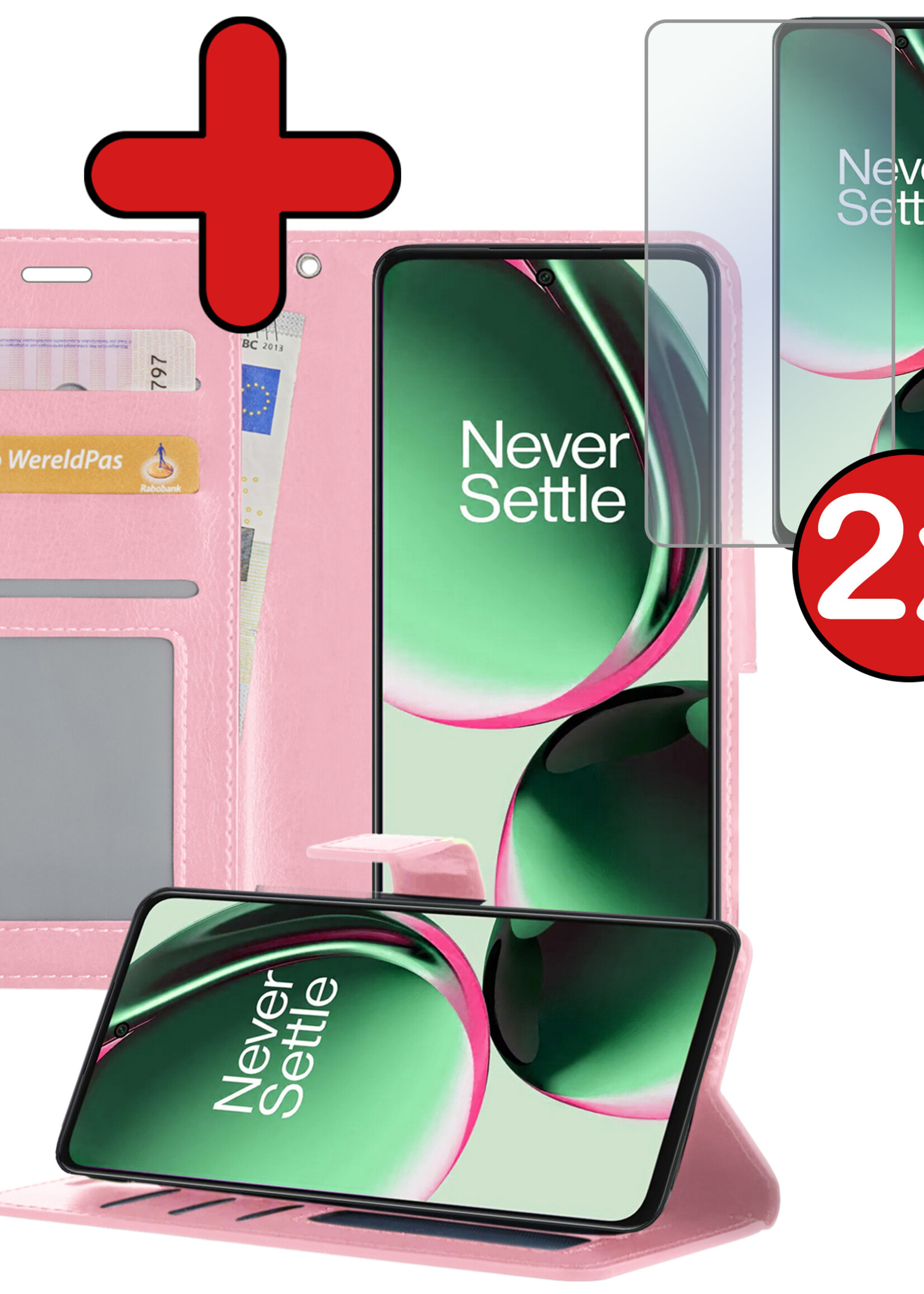 BTH Hoesje Geschikt voor OnePlus Nord CE 3 Lite Hoesje Book Case Hoes Portemonnee Cover Walletcase Met 2x Screenprotector - Hoes Geschikt voor OnePlus Nord CE 3 Lite Hoes Bookcase Hoesje - Lichtroze