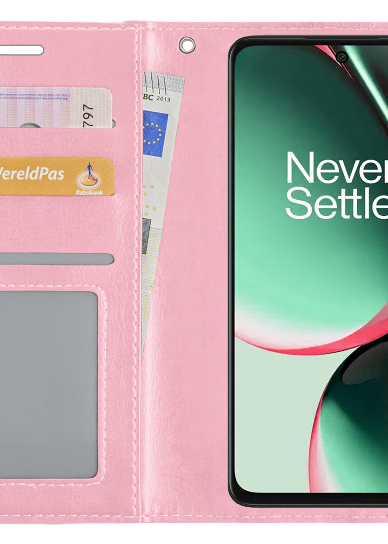 BTH Hoesje Geschikt voor OnePlus Nord CE 3 Lite Hoesje Book Case Hoes Portemonnee Cover Walletcase Met 2x Screenprotector - Hoes Geschikt voor OnePlus Nord CE 3 Lite Hoes Bookcase Hoesje - Lichtroze