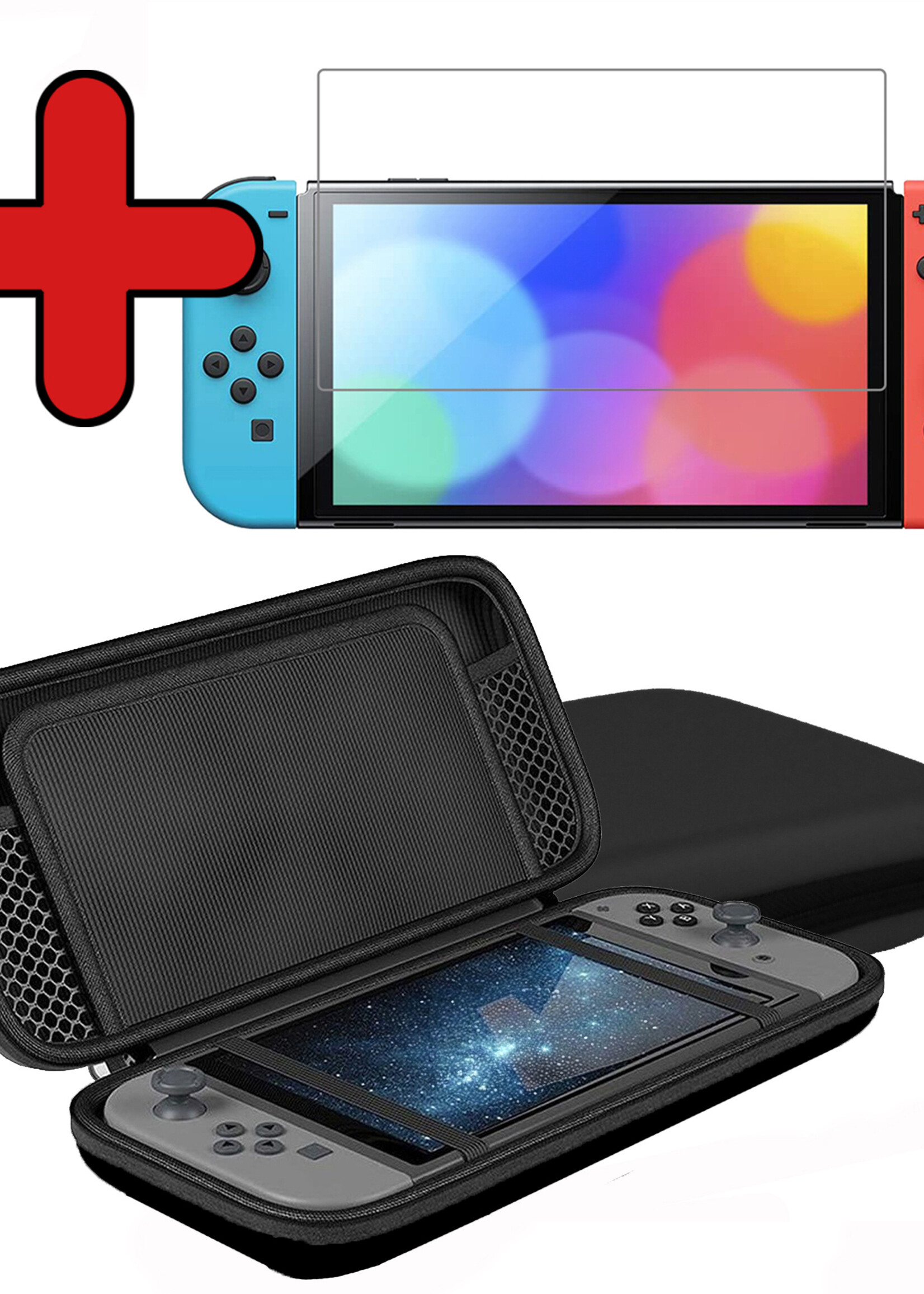 BTH Hoes Geschikt voor Nintendo Switch OLED Case Hard Cover Bescherm Hoesje Koord Met Screenprotector - Case Geschikt voor Nintendo Switch OLED Hoes - Zwart