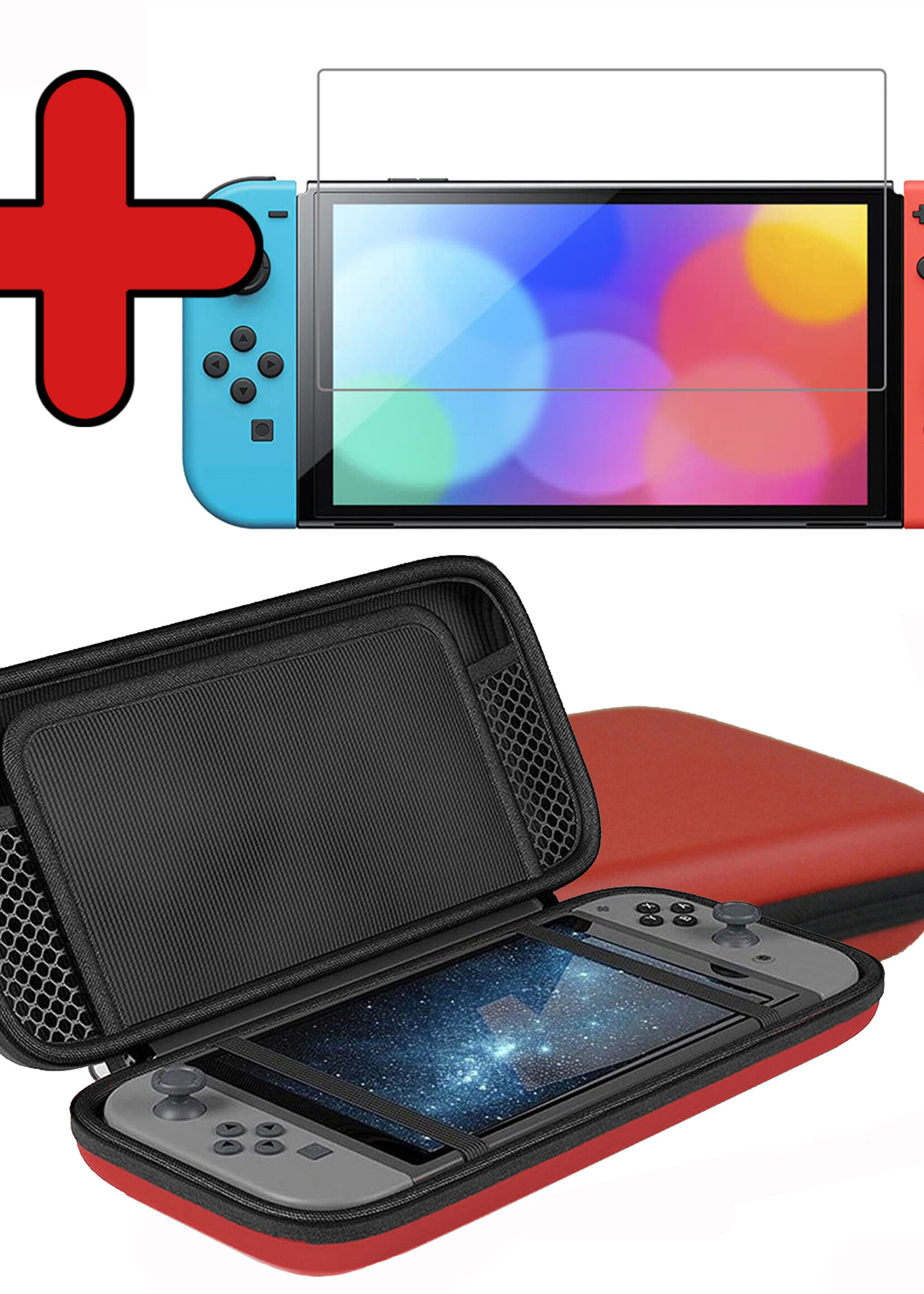 BTH Hoes Geschikt voor Nintendo Switch OLED Case Hard Cover Bescherm Hoesje Koord Met Screenprotector - Case Geschikt voor Nintendo Switch OLED Hoes - Rood