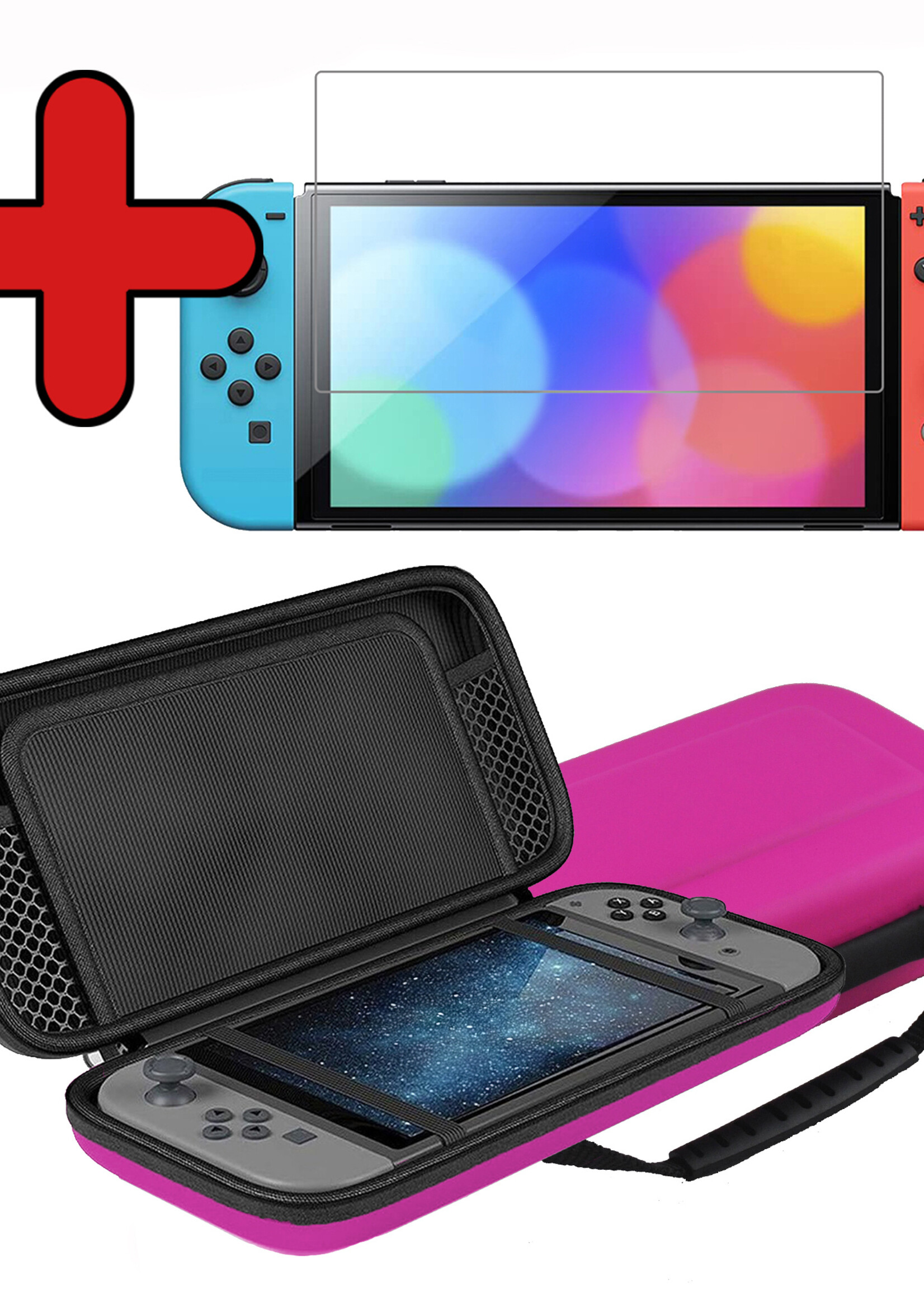 BTH Hoes Geschikt voor Nintendo Switch OLED Case Hard Cover Bescherm Hoesje Met Screenprotector - Case Geschikt voor Nintendo Switch OLED Hoes - Roze