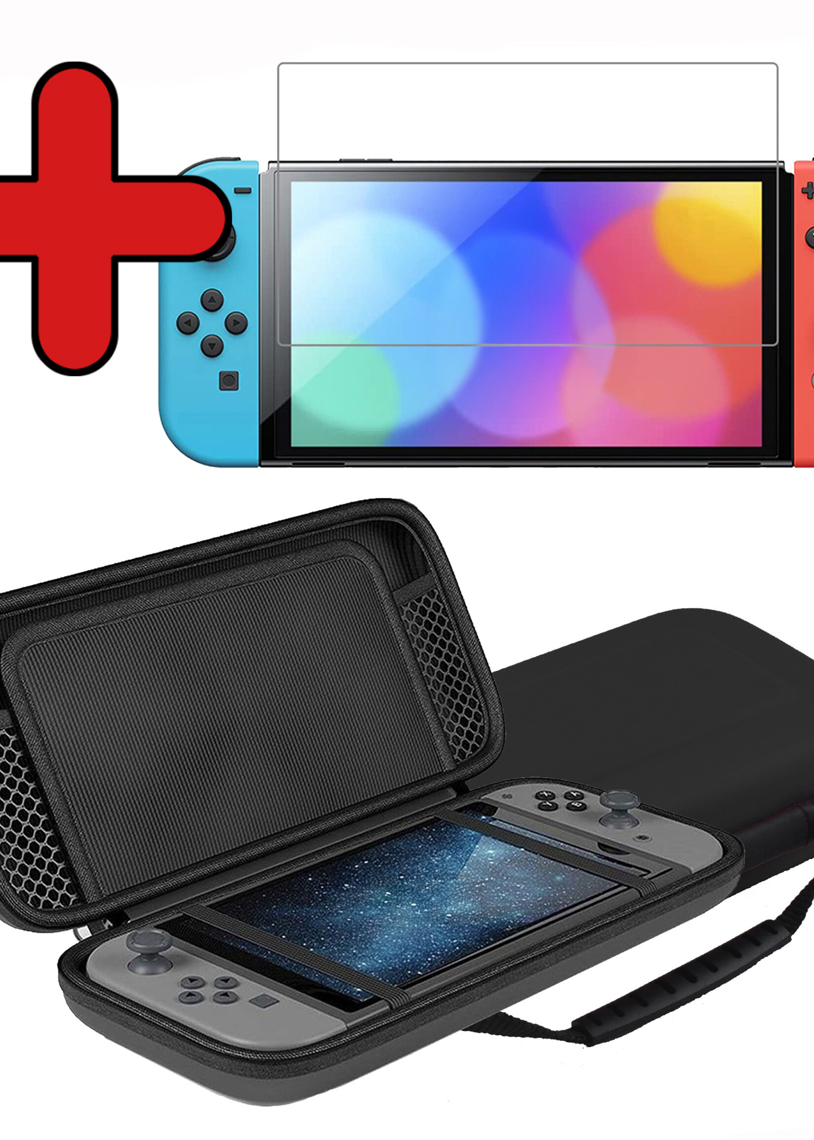 BTH Hoes Geschikt voor Nintendo Switch OLED Case Hard Cover Bescherm Hoesje Met Screenprotector - Case Geschikt voor Nintendo Switch OLED Hoes - Zwart