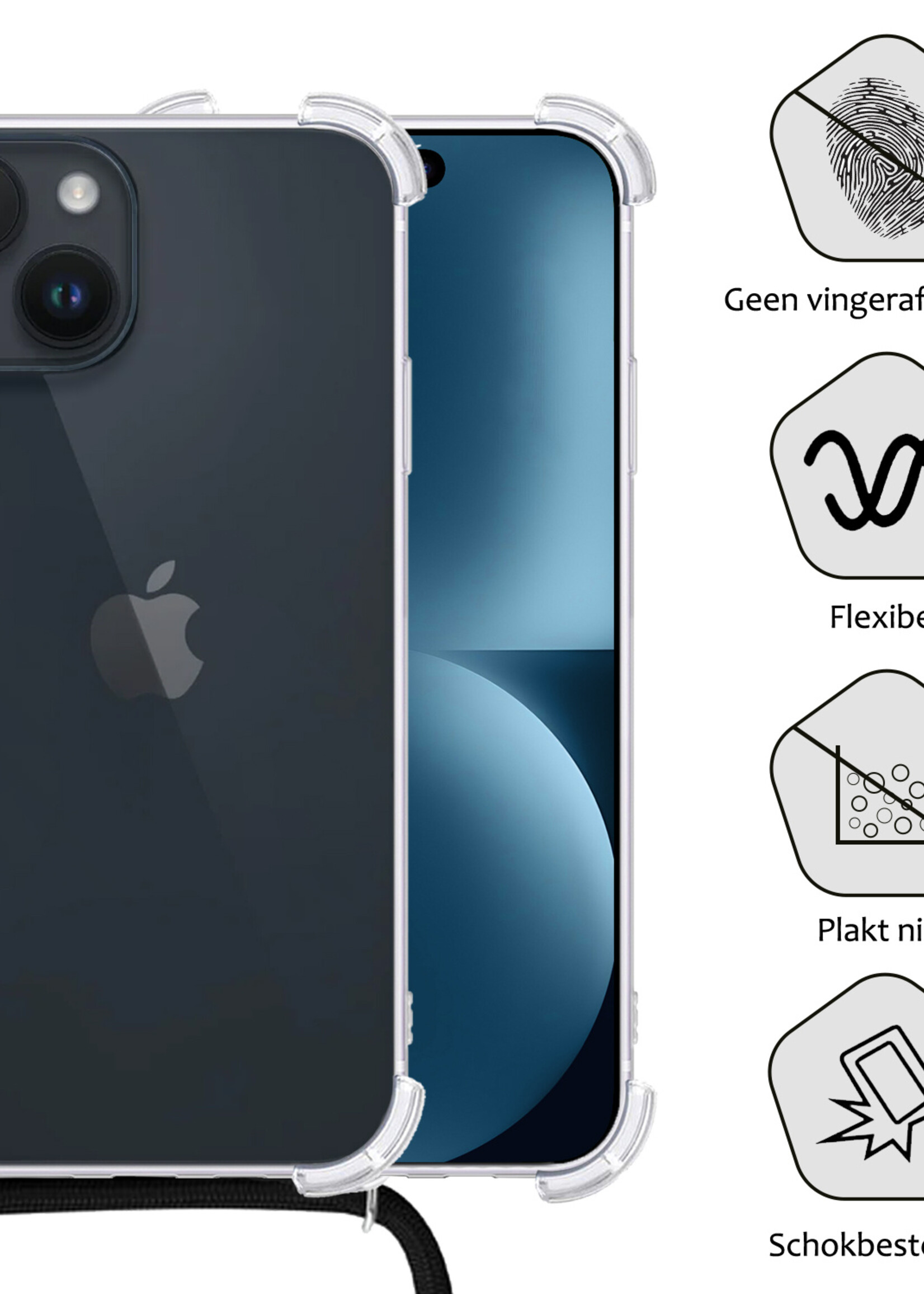 BTH Hoesje Geschikt voor iPhone 15 Plus Hoesje Siliconen Shock Proof Hoesje Met Koord Case Met Telefoonkoord - Hoes Geschikt voor iPhone 15 Plus Hoesje Cover Shockproof Met Koord - Transparant