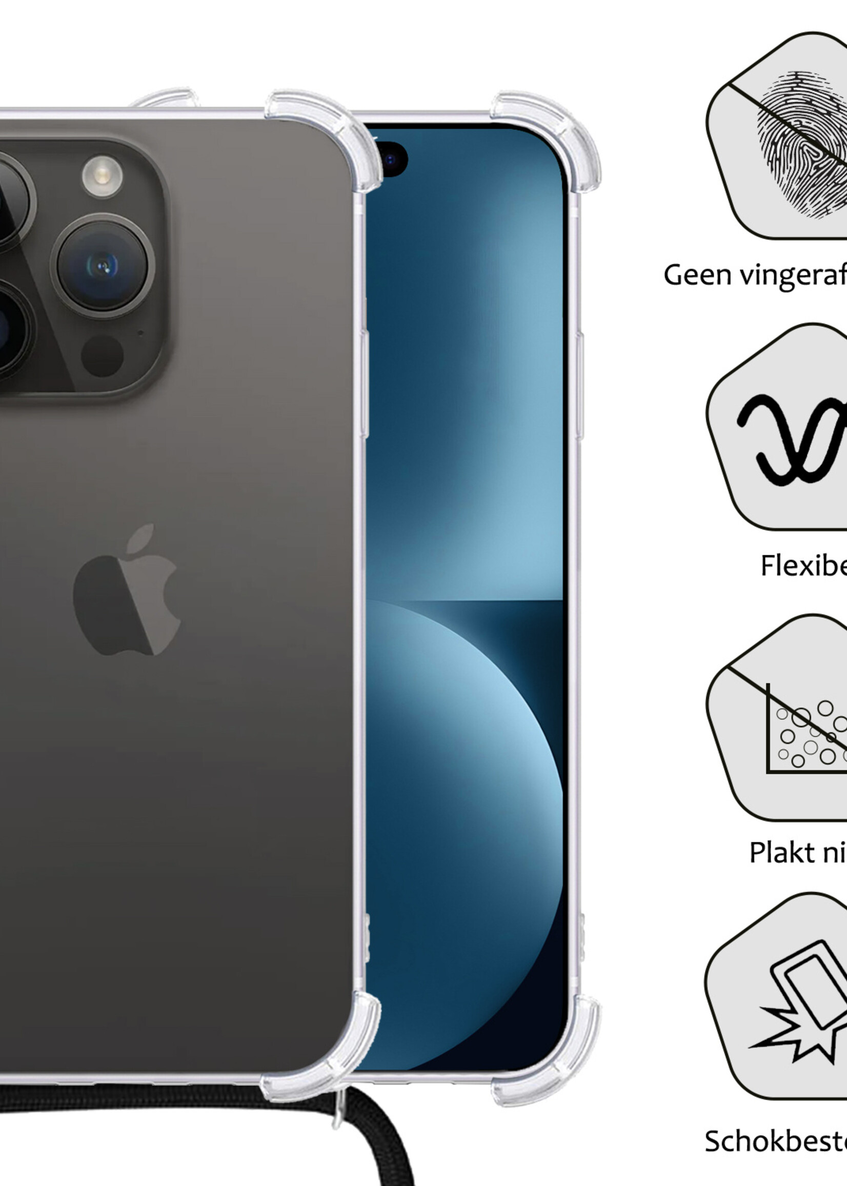 BTH Hoesje Geschikt voor iPhone 15 Pro Max Hoesje Siliconen Shock Proof Hoesje Met Koord Case Met Telefoonkoord - Hoes Geschikt voor iPhone 15 Pro Max Hoesje Cover Shockproof Met Koord - Transparant