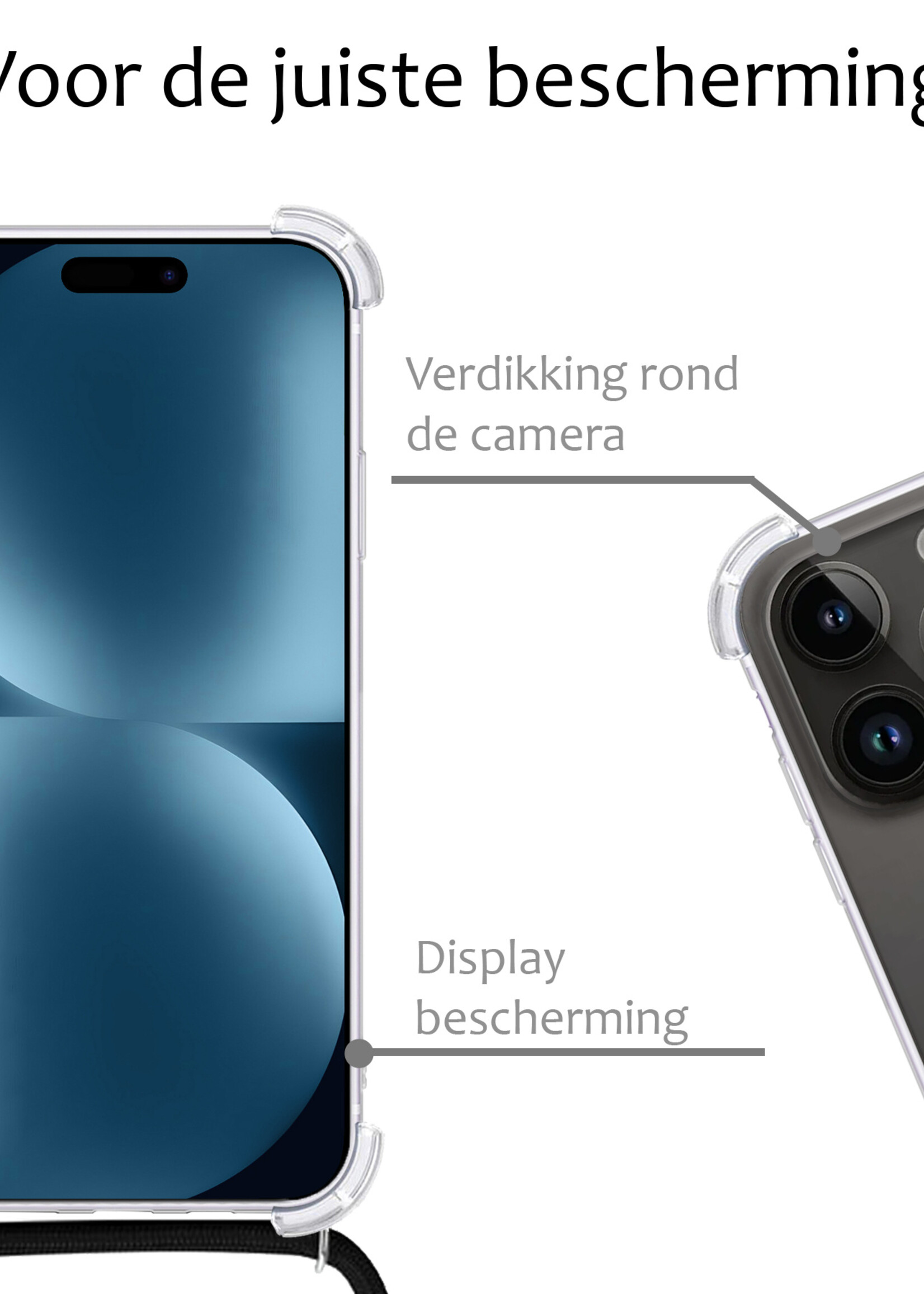 BTH Hoesje Geschikt voor iPhone 15 Pro Max Hoesje Siliconen Shock Proof Hoesje Met Koord Case Met Telefoonkoord - Hoes Geschikt voor iPhone 15 Pro Max Hoesje Cover Shockproof Met Koord - Transparant