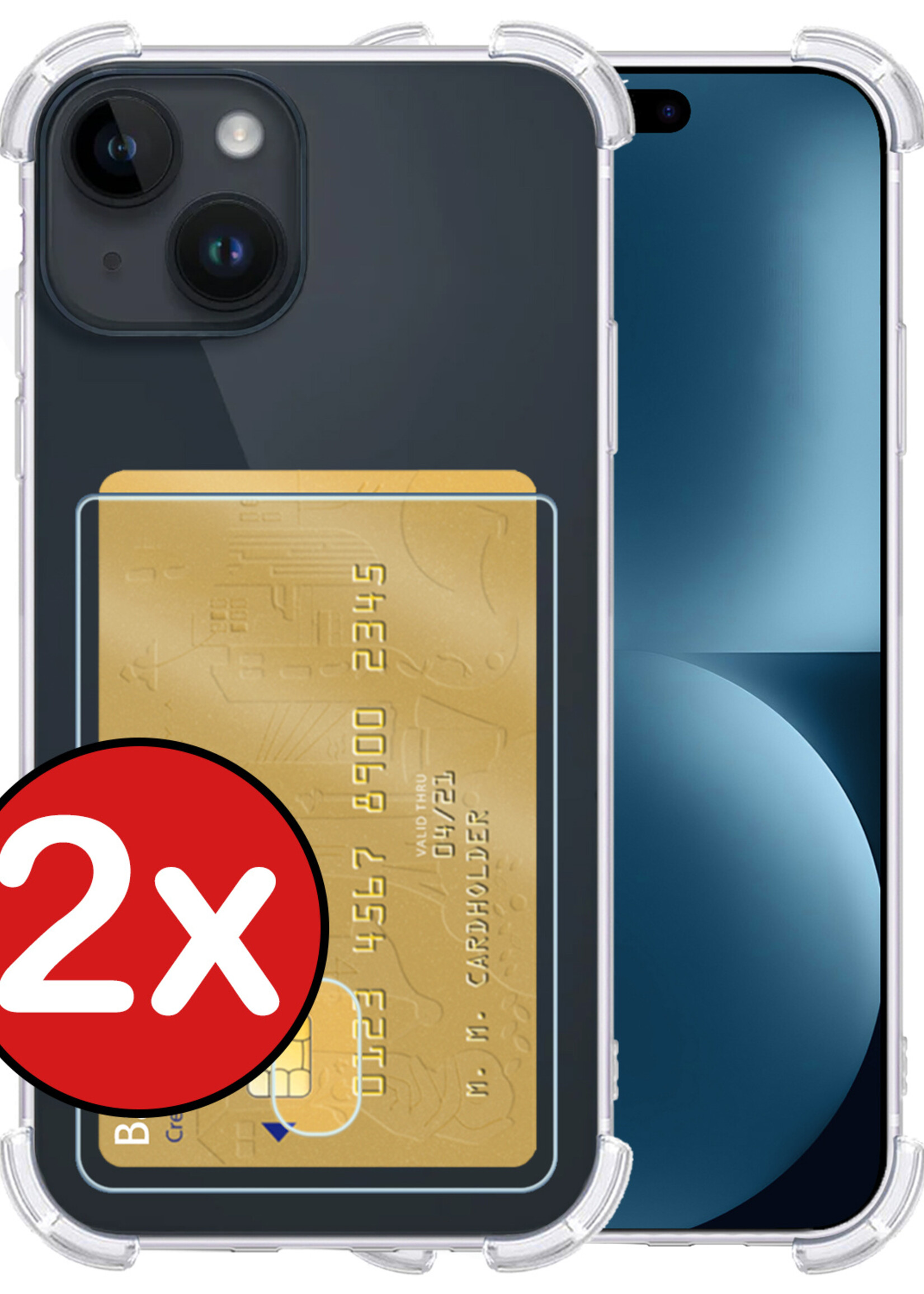 BTH Hoesje Geschikt voor iPhone 15 Hoesje Met Pasjeshouder Siliconen Case Met Kaarthouder - Hoes Geschikt voor iPhone 15 Hoesje Shock Proof Case - Transparant - 2 PACK