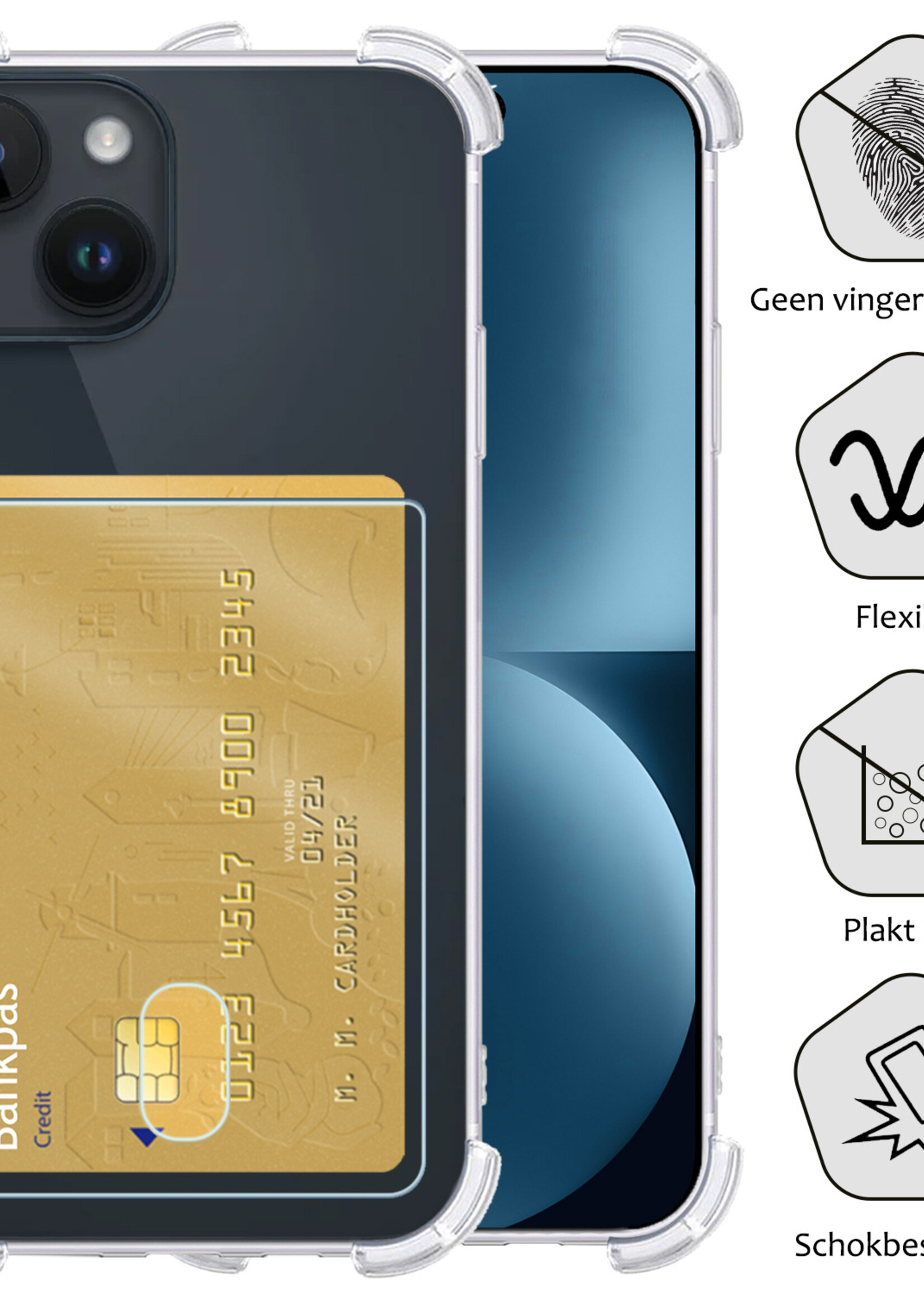 BTH Hoesje Geschikt voor iPhone 15 Plus Hoesje Met Pasjeshouder Siliconen Case Met Kaarthouder - Hoes Geschikt voor iPhone 15 Plus Hoesje Shock Proof Case - Transparant - 2 PACK