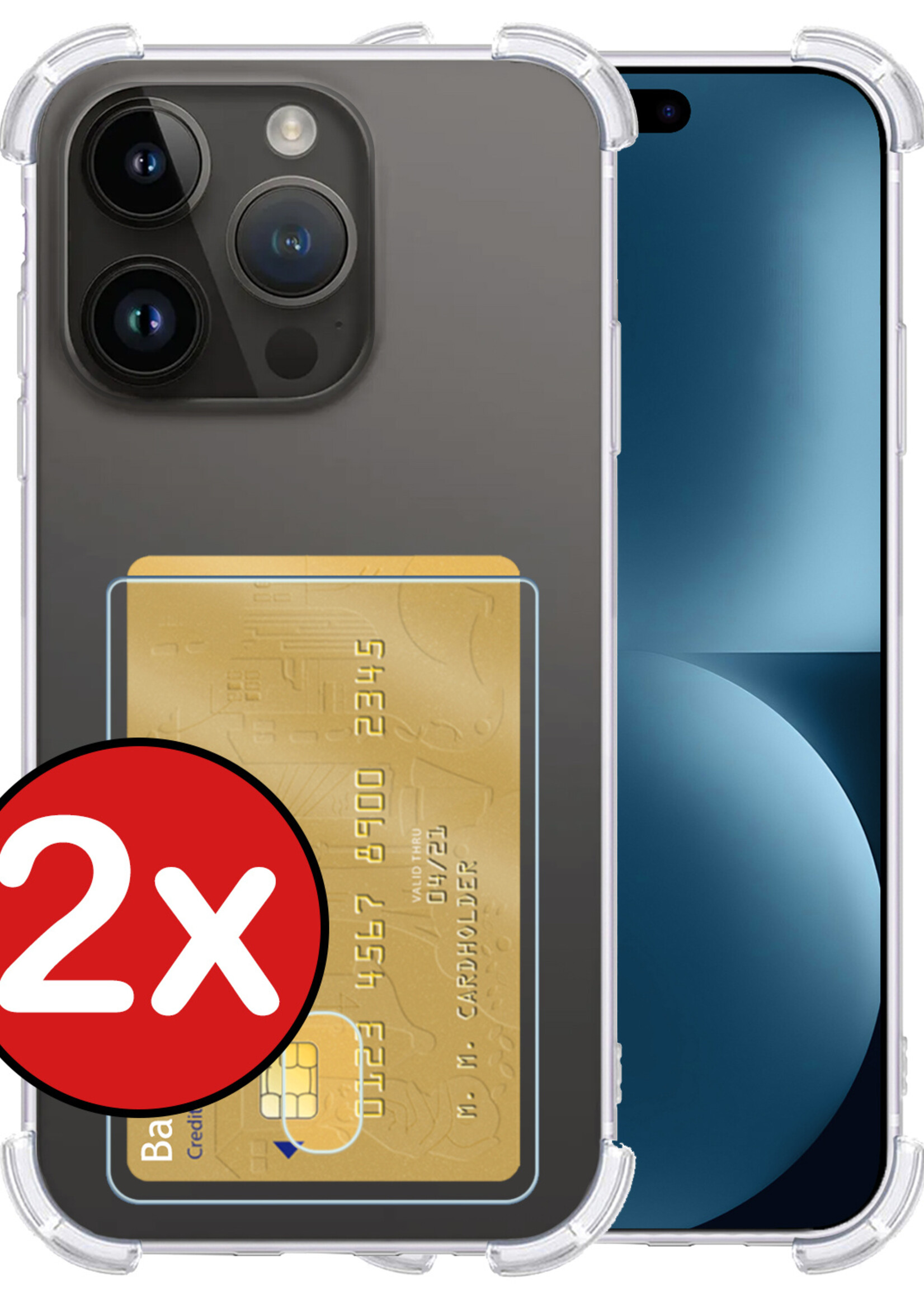 BTH Hoesje Geschikt voor iPhone 15 Pro Max Hoesje Met Pasjeshouder Siliconen Case Met Kaarthouder - Hoes Geschikt voor iPhone 15 Pro Max Hoesje Shock Proof Case - Transparant - 2 PACK