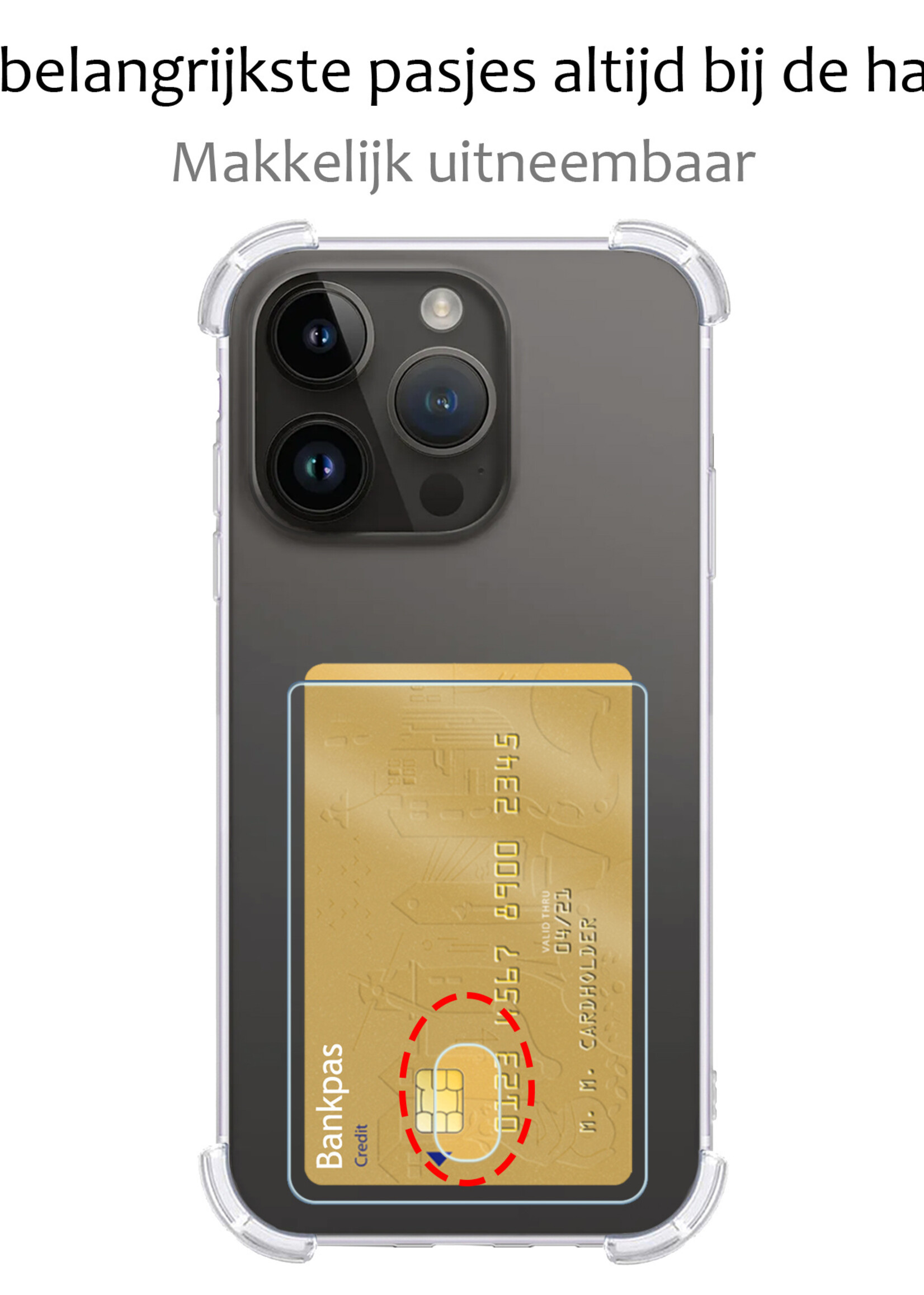 BTH Hoesje Geschikt voor iPhone 15 Pro Hoesje Met Pasjeshouder Siliconen Case Met Kaarthouder Met Screenprotector - Hoes Geschikt voor iPhone 15 Pro Hoesje Shock Proof Case - Transparant