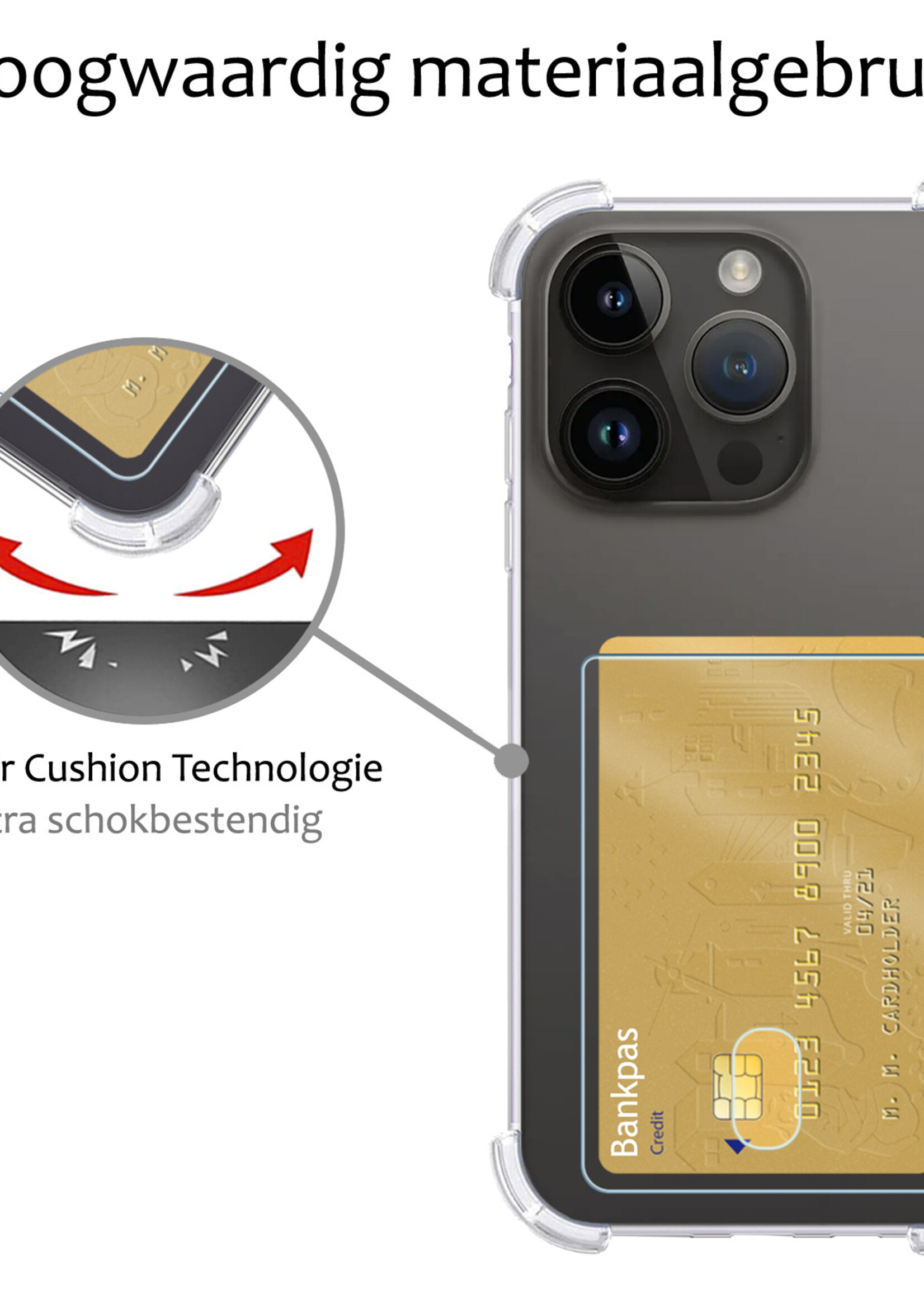 BTH Hoesje Geschikt voor iPhone 15 Pro Hoesje Met Pasjeshouder Siliconen Case Met Kaarthouder Met Screenprotector - Hoes Geschikt voor iPhone 15 Pro Hoesje Shock Proof Case - Transparant