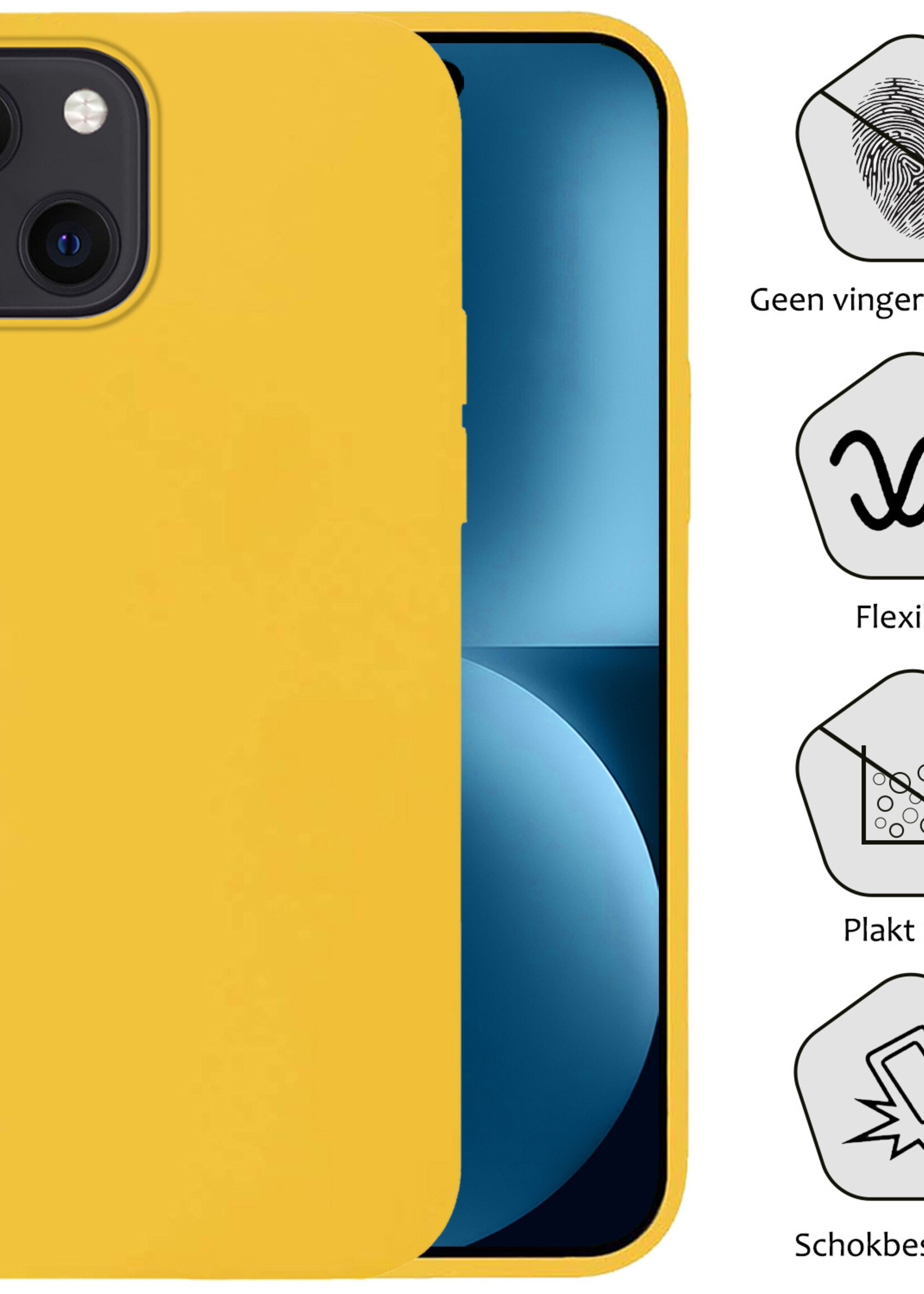 BTH Hoesje Geschikt voor iPhone 15 Hoesje Siliconen Case Hoes Met 2x Screenprotector - Hoes Geschikt voor iPhone 15 Hoes Cover Case - Geel