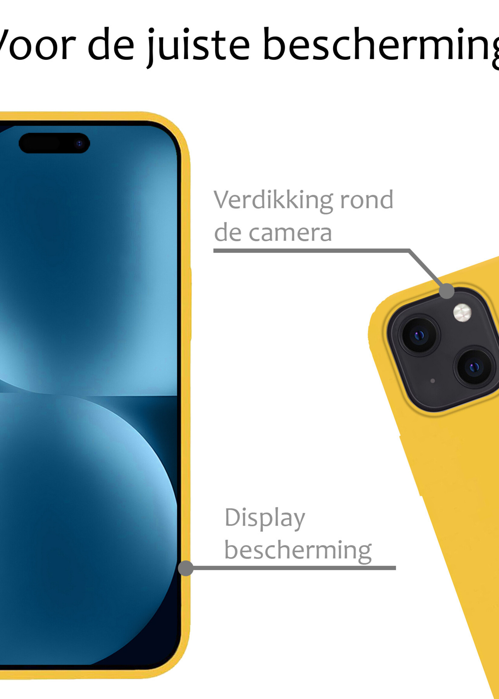 BTH Hoesje Geschikt voor iPhone 15 Hoesje Siliconen Case Hoes Met 2x Screenprotector - Hoes Geschikt voor iPhone 15 Hoes Cover Case - Geel