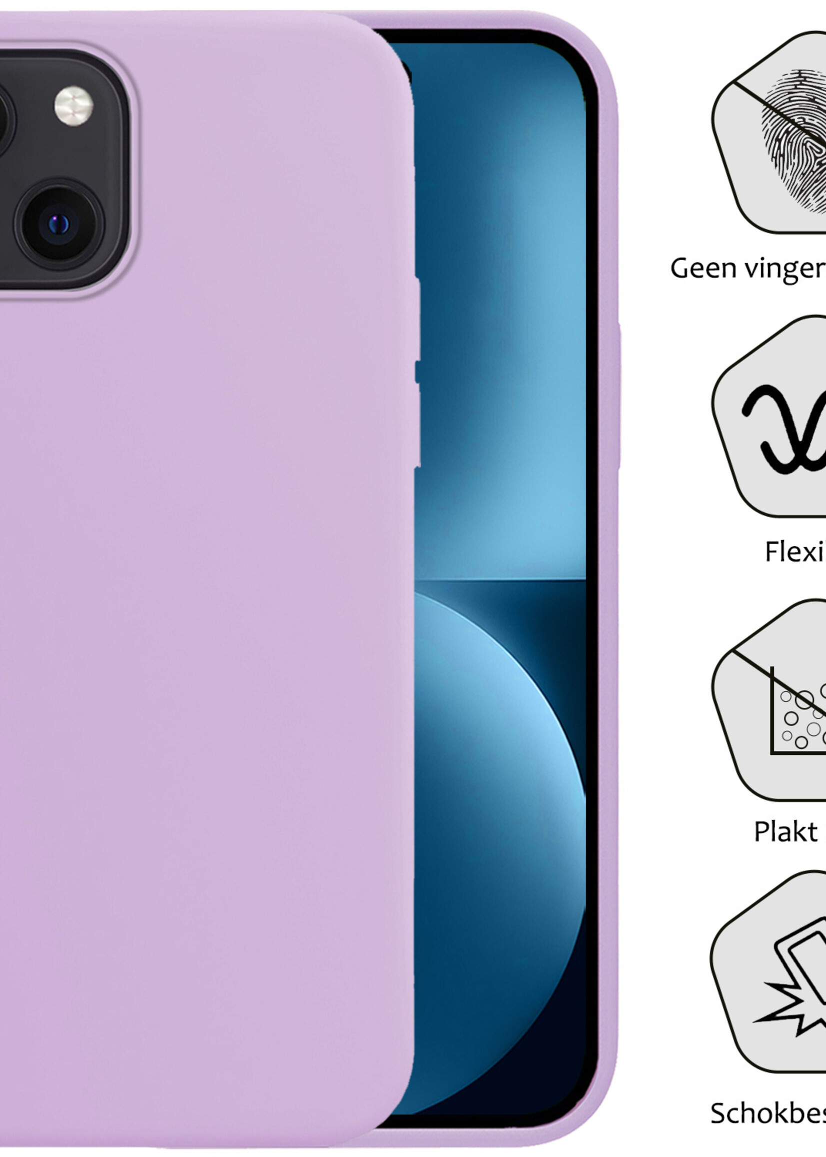 BTH Hoesje Geschikt voor iPhone 15 Hoesje Siliconen Case Hoes Met 2x Screenprotector - Hoes Geschikt voor iPhone 15 Hoes Cover Case - Lila