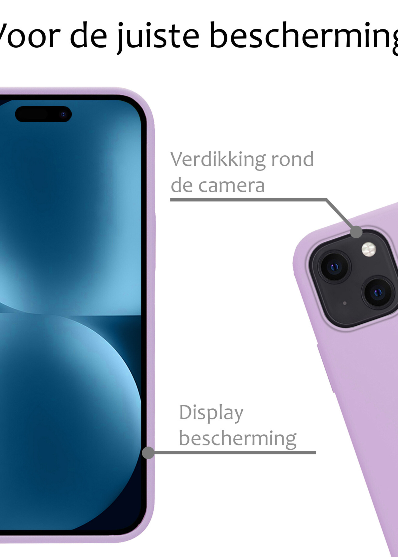 BTH Hoesje Geschikt voor iPhone 15 Hoesje Siliconen Case Hoes Met 2x Screenprotector - Hoes Geschikt voor iPhone 15 Hoes Cover Case - Lila
