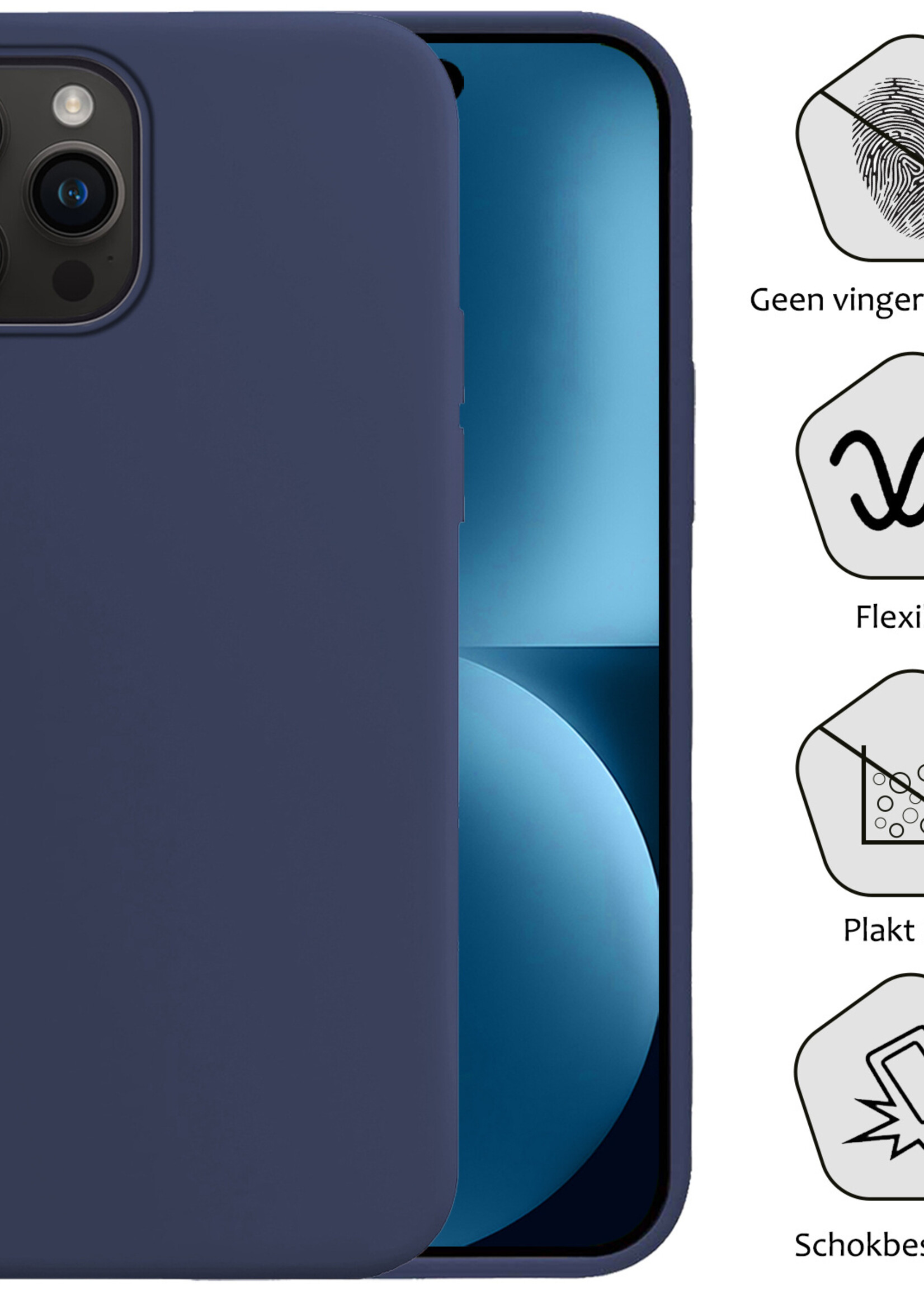 BTH Hoesje Geschikt voor iPhone 15 Pro Hoesje Siliconen Case Hoes Met 2x Screenprotector - Hoes Geschikt voor iPhone 15 Pro Hoes Cover Case - Donkerblauw