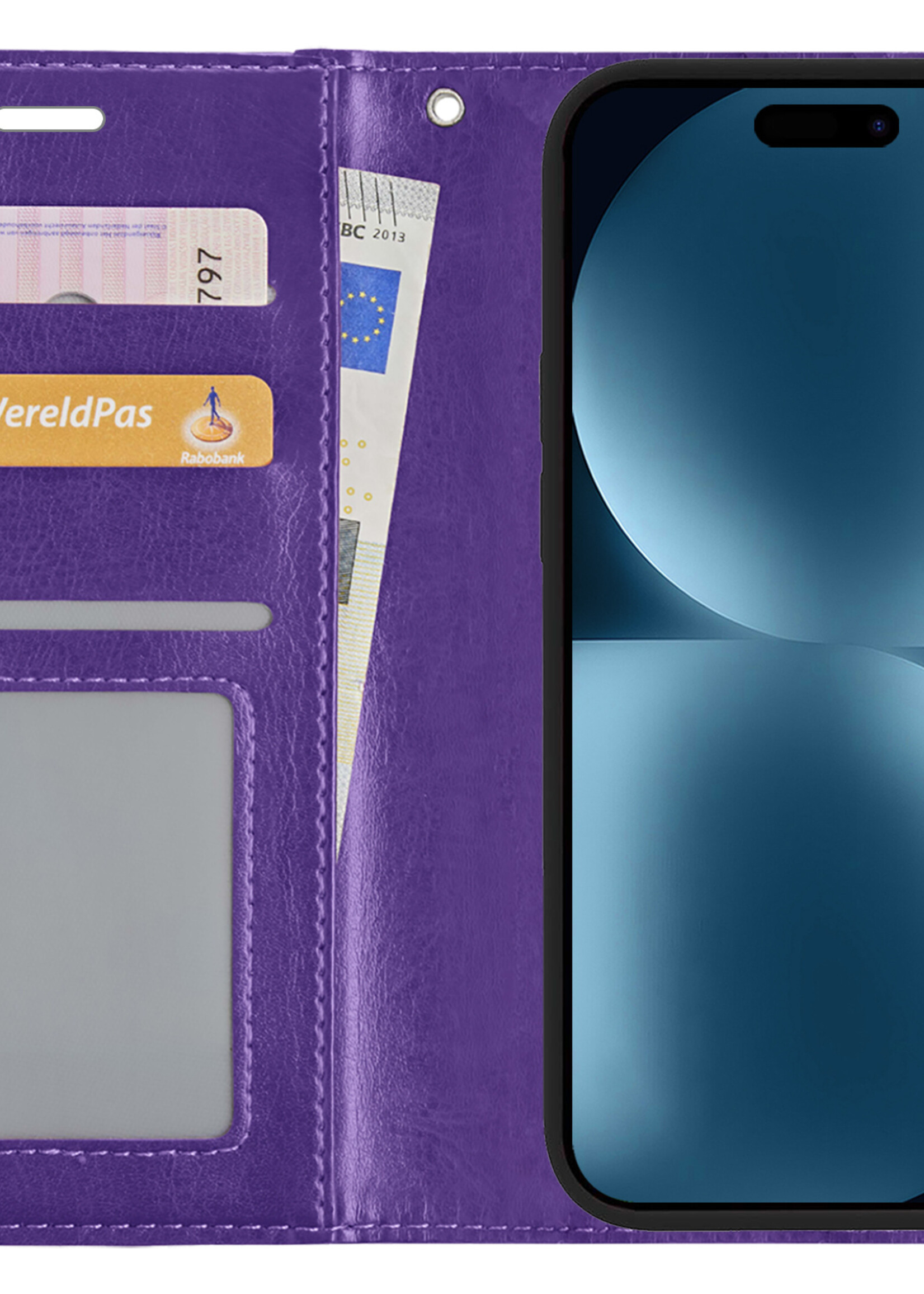 BTH Hoesje Geschikt voor iPhone 15 Hoesje Book Case Hoes Portemonnee Cover Walletcase - Hoes Geschikt voor iPhone 15 Hoes Bookcase Hoesje - Paars