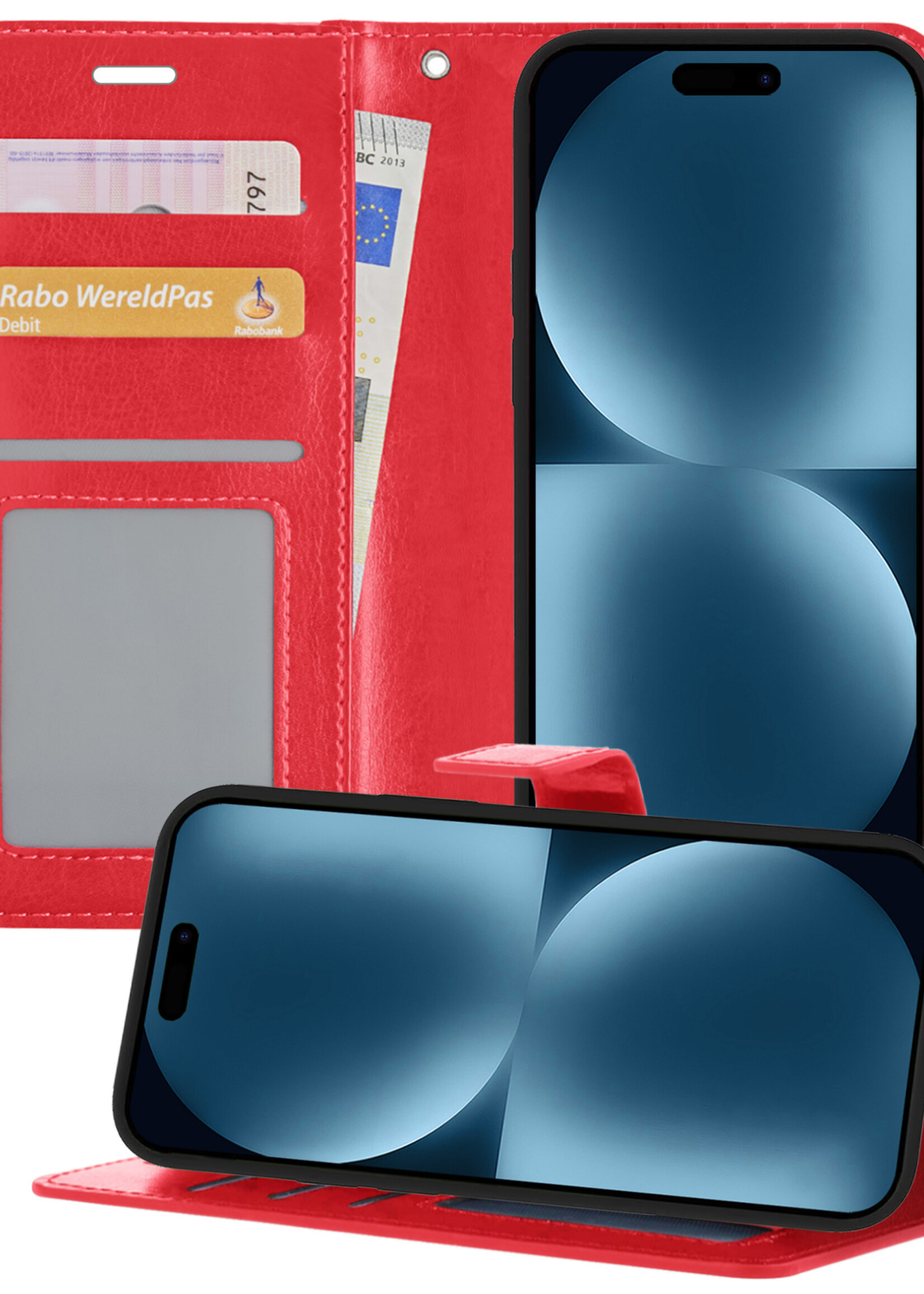 BTH Hoesje Geschikt voor iPhone 15 Hoesje Book Case Hoes Portemonnee Cover Walletcase - Hoes Geschikt voor iPhone 15 Hoes Bookcase Hoesje - Rood