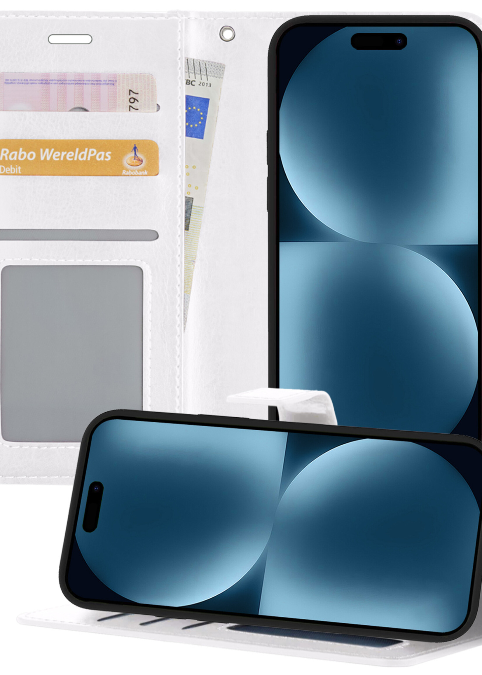 BTH Hoesje Geschikt voor iPhone 15 Hoesje Book Case Hoes Portemonnee Cover Walletcase - Hoes Geschikt voor iPhone 15 Hoes Bookcase Hoesje - Wit
