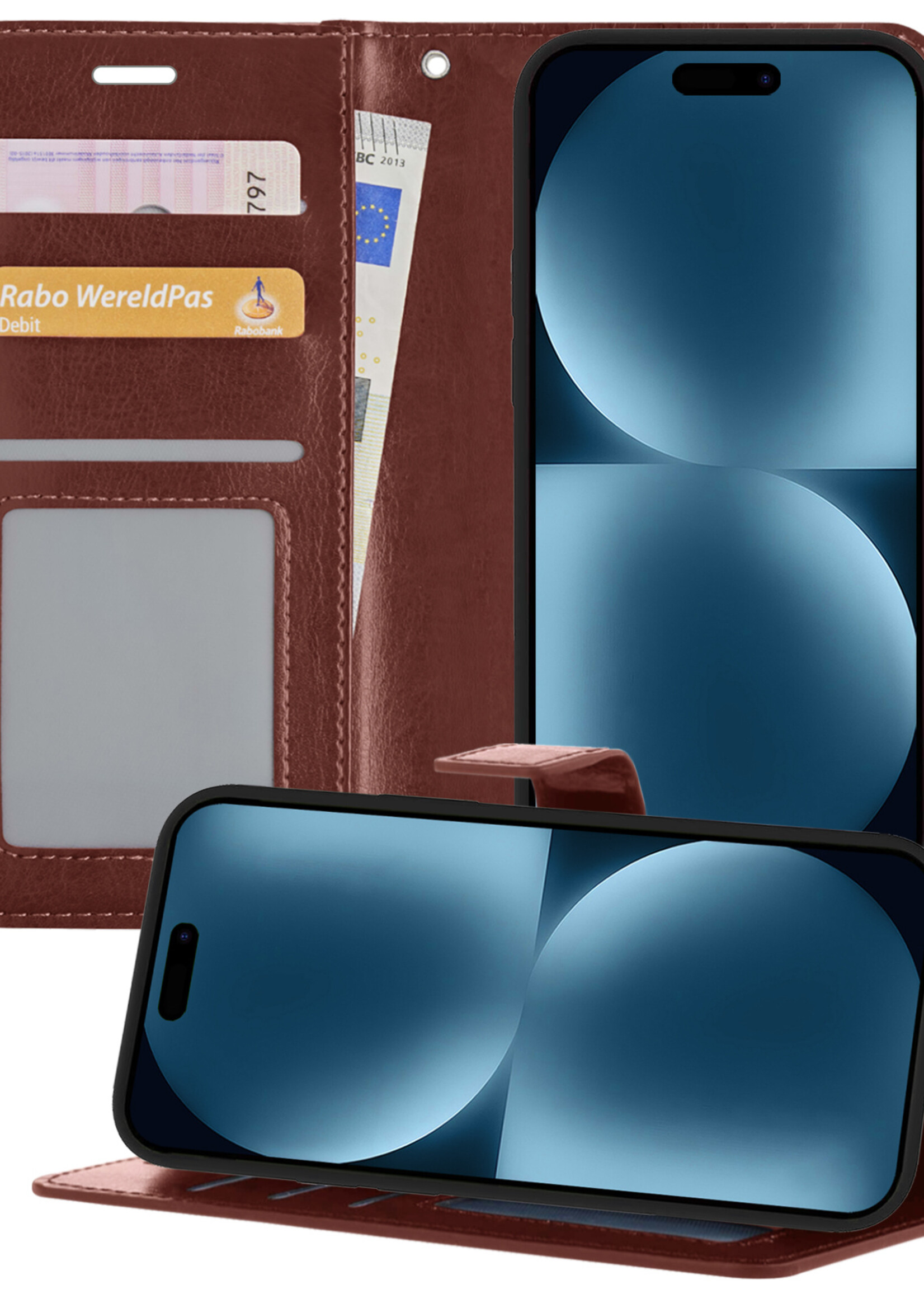 BTH Hoesje Geschikt voor iPhone 15 Plus Hoesje Book Case Hoes Portemonnee Cover Walletcase - Hoes Geschikt voor iPhone 15 Plus Hoes Bookcase Hoesje - Bruin
