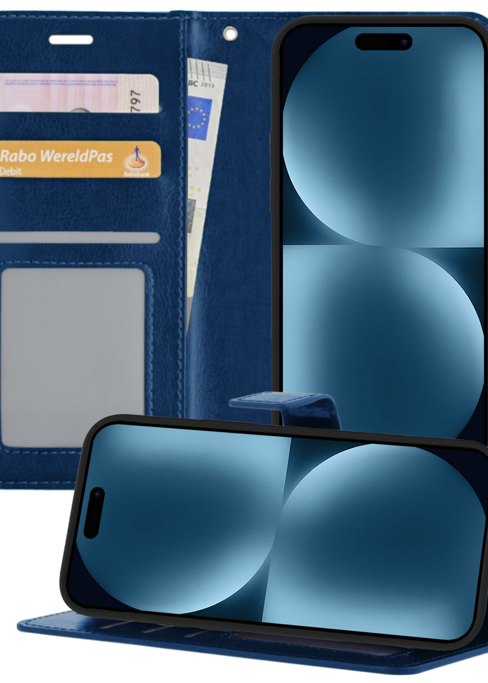 BTH Hoesje Geschikt voor iPhone 15 Plus Hoesje Book Case Hoes Portemonnee Cover Walletcase - Hoes Geschikt voor iPhone 15 Plus Hoes Bookcase Hoesje - Blauw