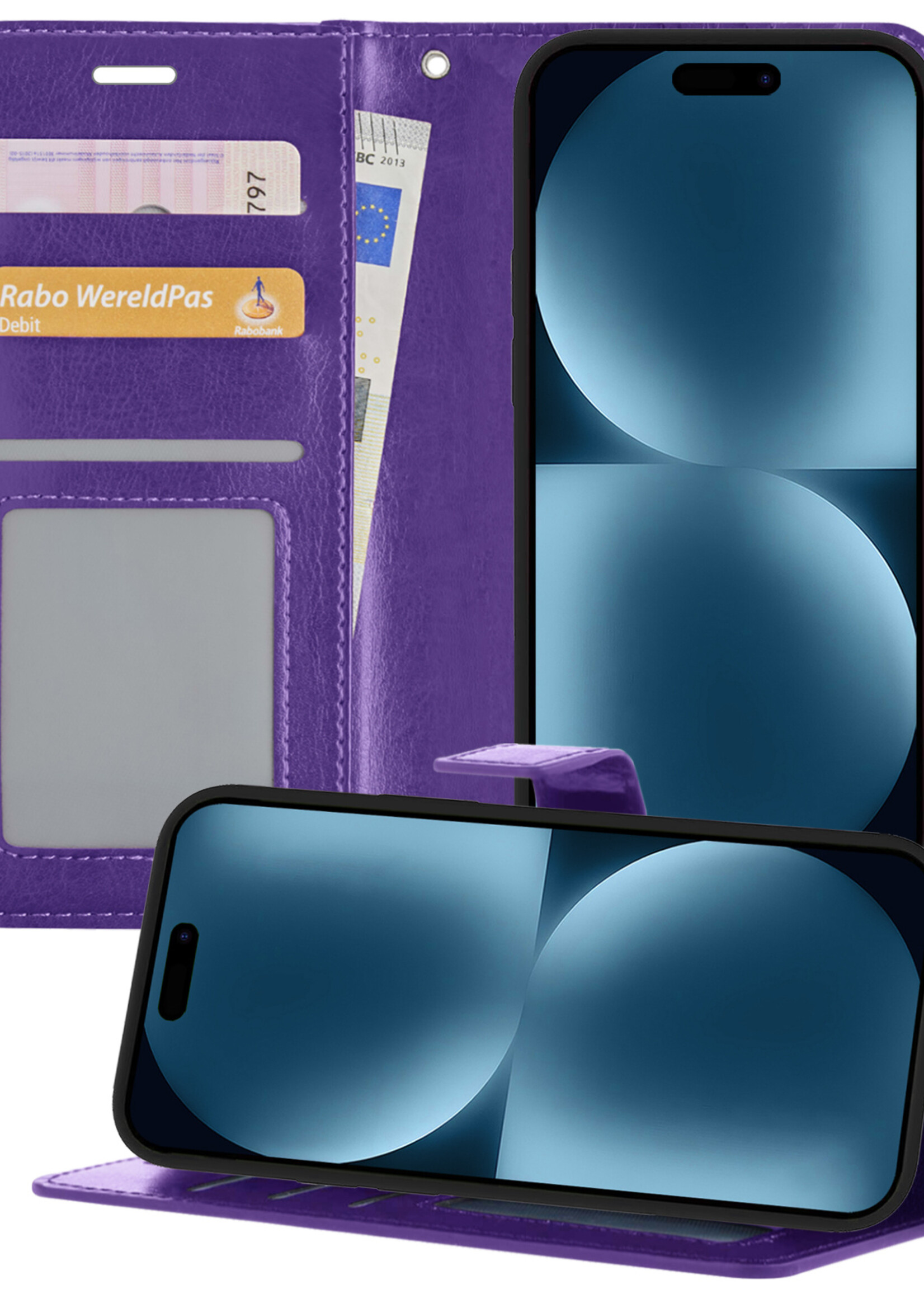 BTH Hoesje Geschikt voor iPhone 15 Plus Hoesje Book Case Hoes Portemonnee Cover Walletcase - Hoes Geschikt voor iPhone 15 Plus Hoes Bookcase Hoesje - Paars