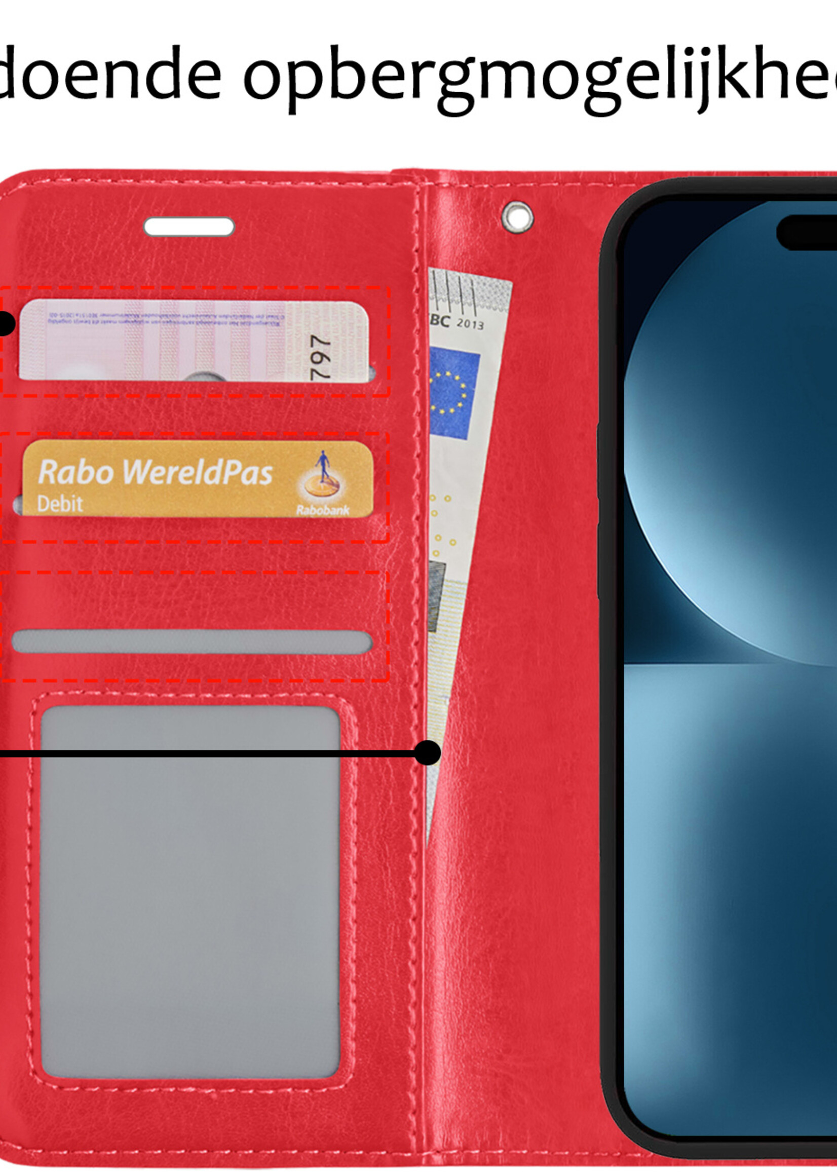 BTH Hoesje Geschikt voor iPhone 15 Plus Hoesje Book Case Hoes Portemonnee Cover Walletcase - Hoes Geschikt voor iPhone 15 Plus Hoes Bookcase Hoesje - Rood