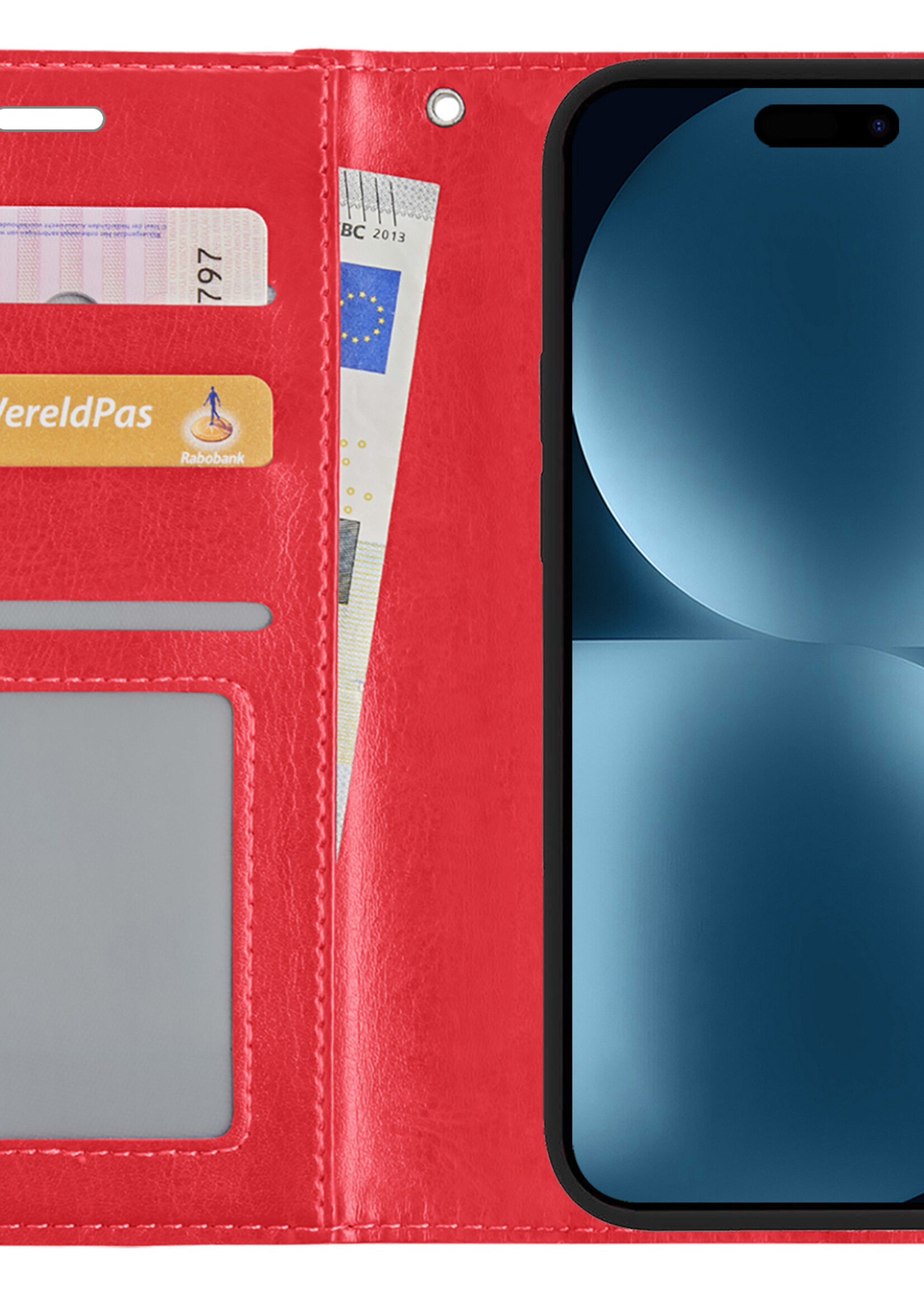 BTH Hoesje Geschikt voor iPhone 15 Plus Hoesje Book Case Hoes Portemonnee Cover Walletcase - Hoes Geschikt voor iPhone 15 Plus Hoes Bookcase Hoesje - Rood